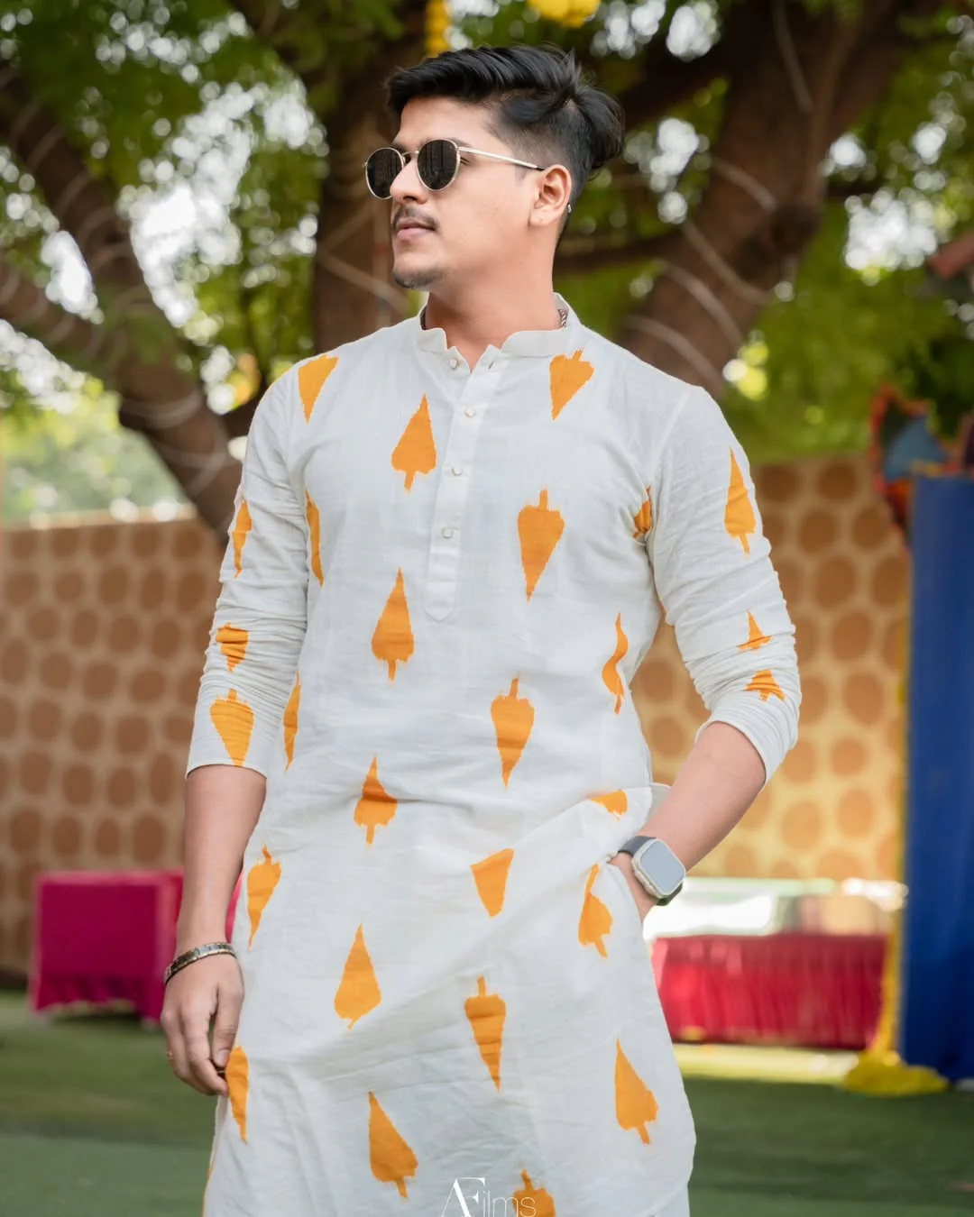 White Cotton Kurta with Mustard Ikat Prints