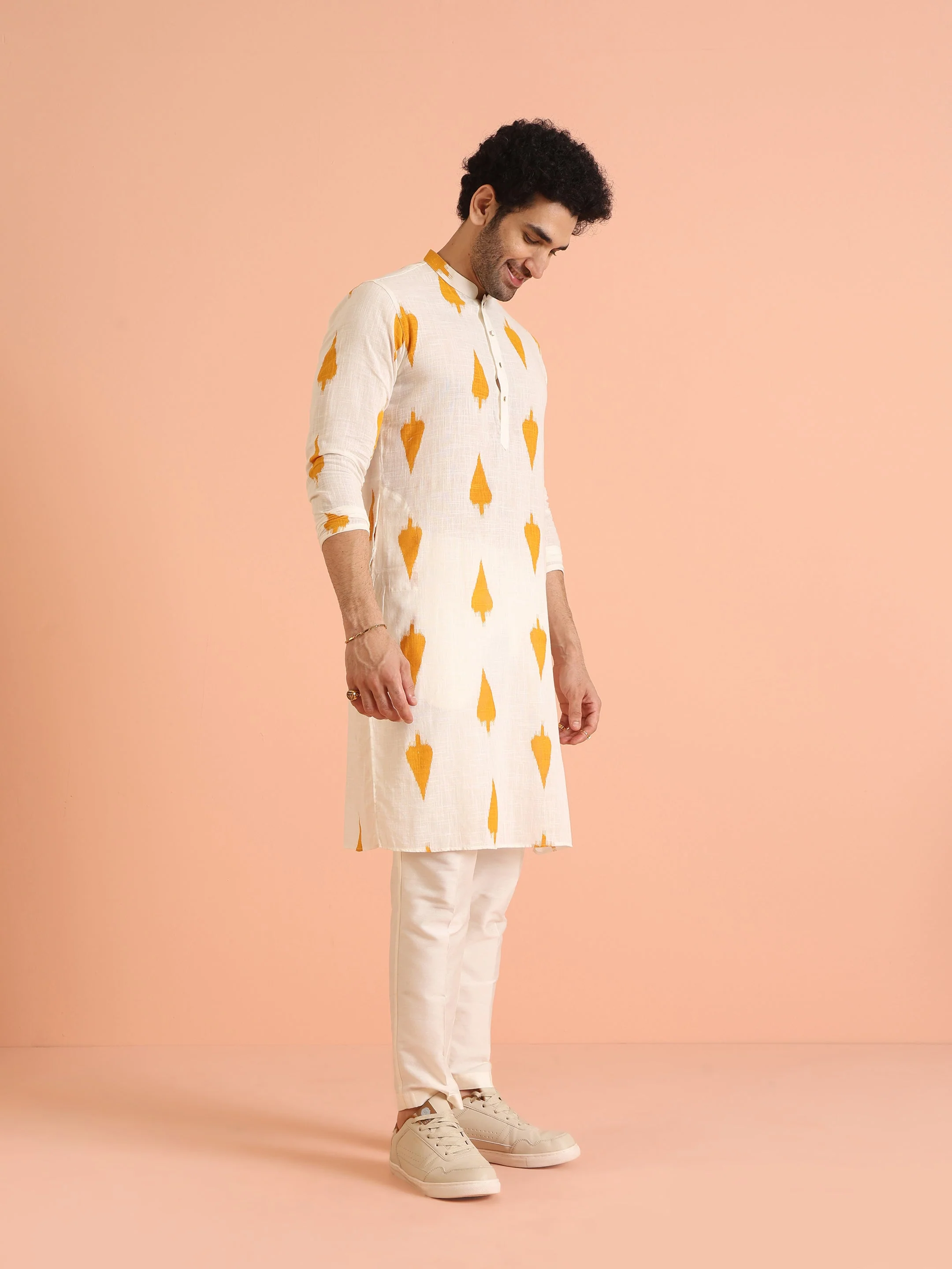White Cotton Kurta with Mustard Ikat Prints - Image 4