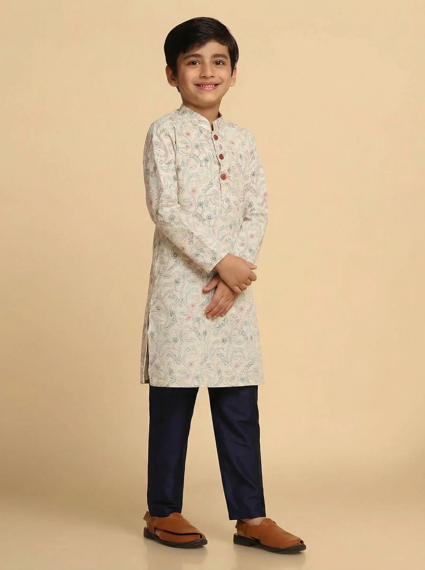 White Multicolor Cotton Blend Printed Kurta Pyjama Set - Image 2