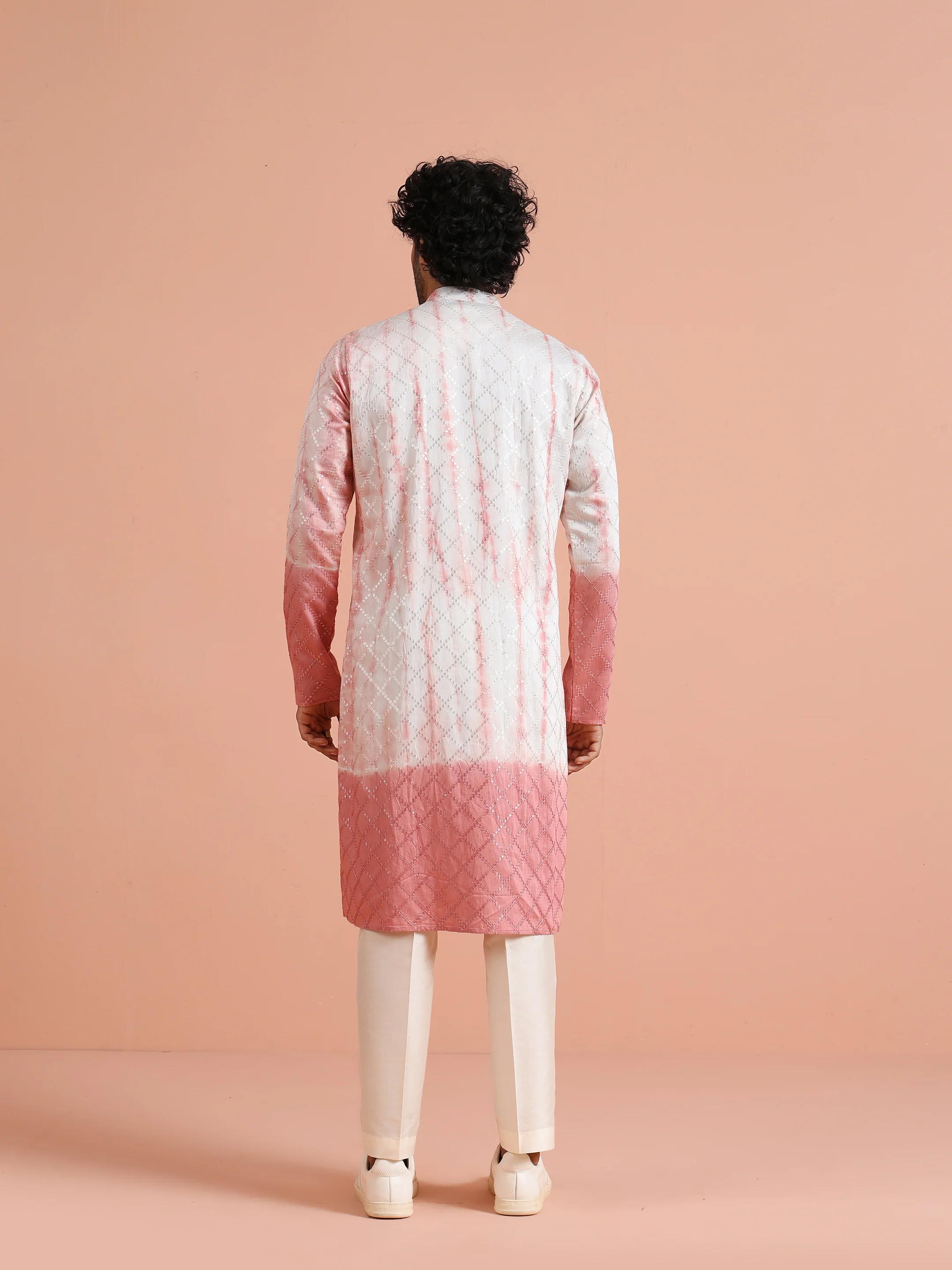 White Pink Chanderi Ombre Kurta Trouser Set - Image 4