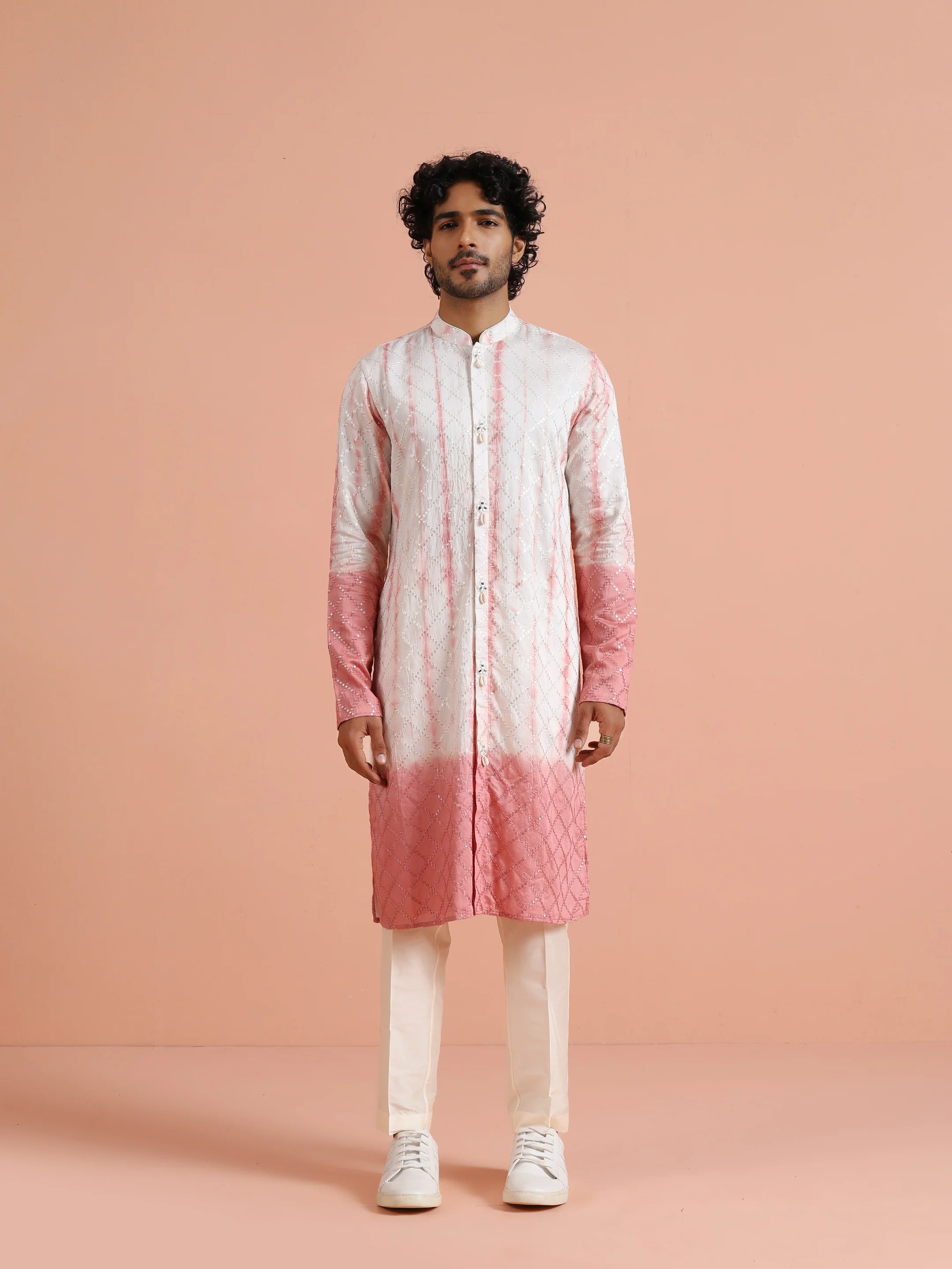 White Pink Chanderi Ombre Kurta Trouser Set - Image 8