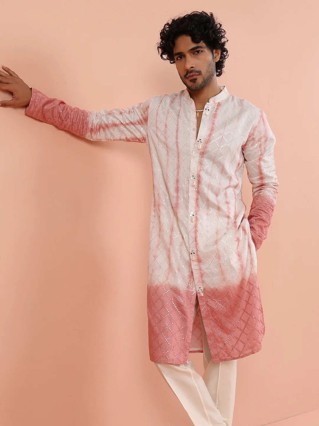 White & Pink Ombre Printed Kurta