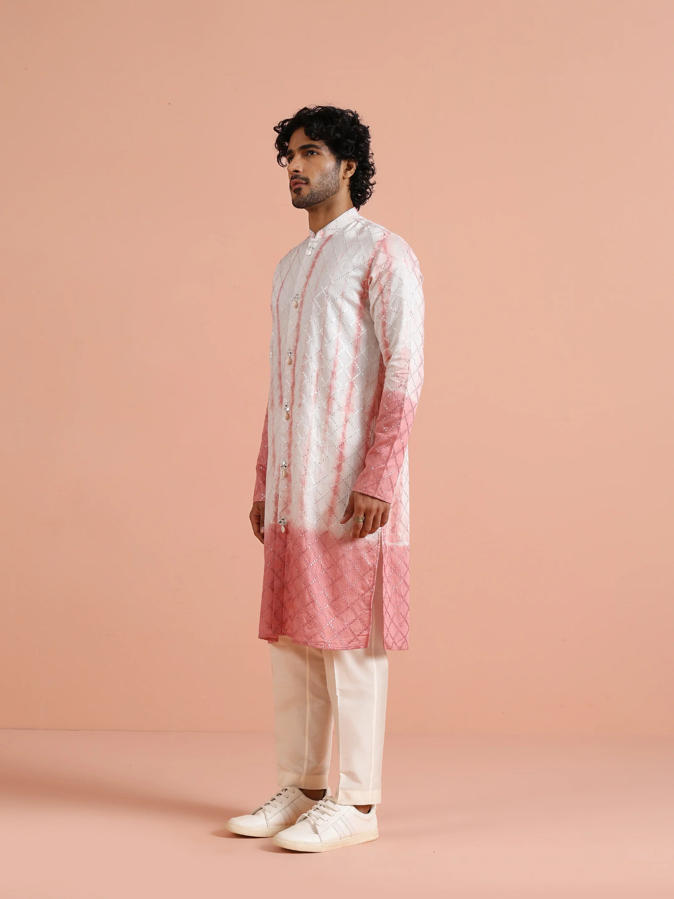 White & Pink Ombre Printed Kurta - Image 2