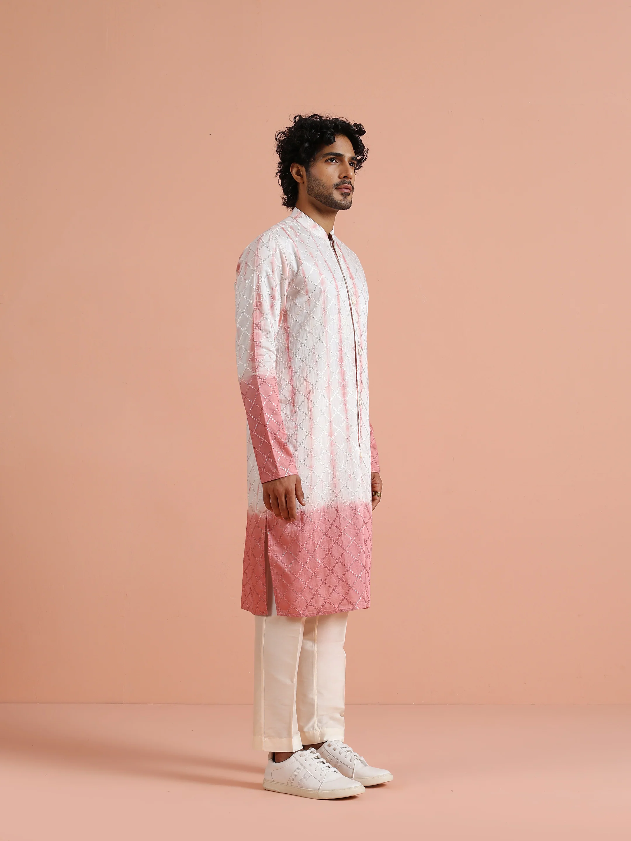 White & Pink Ombre Printed Kurta - Image 3