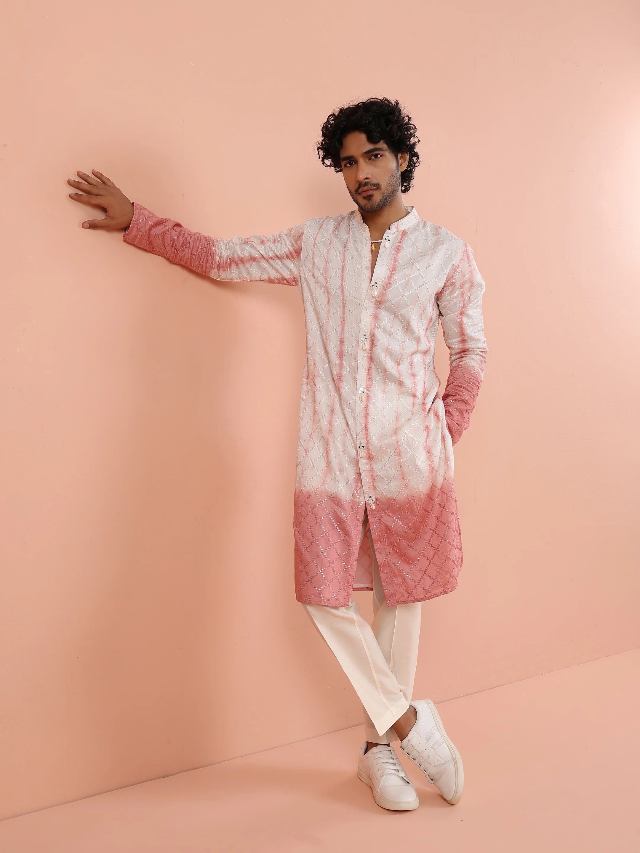 White & Pink Ombre Printed Kurta - Image 6