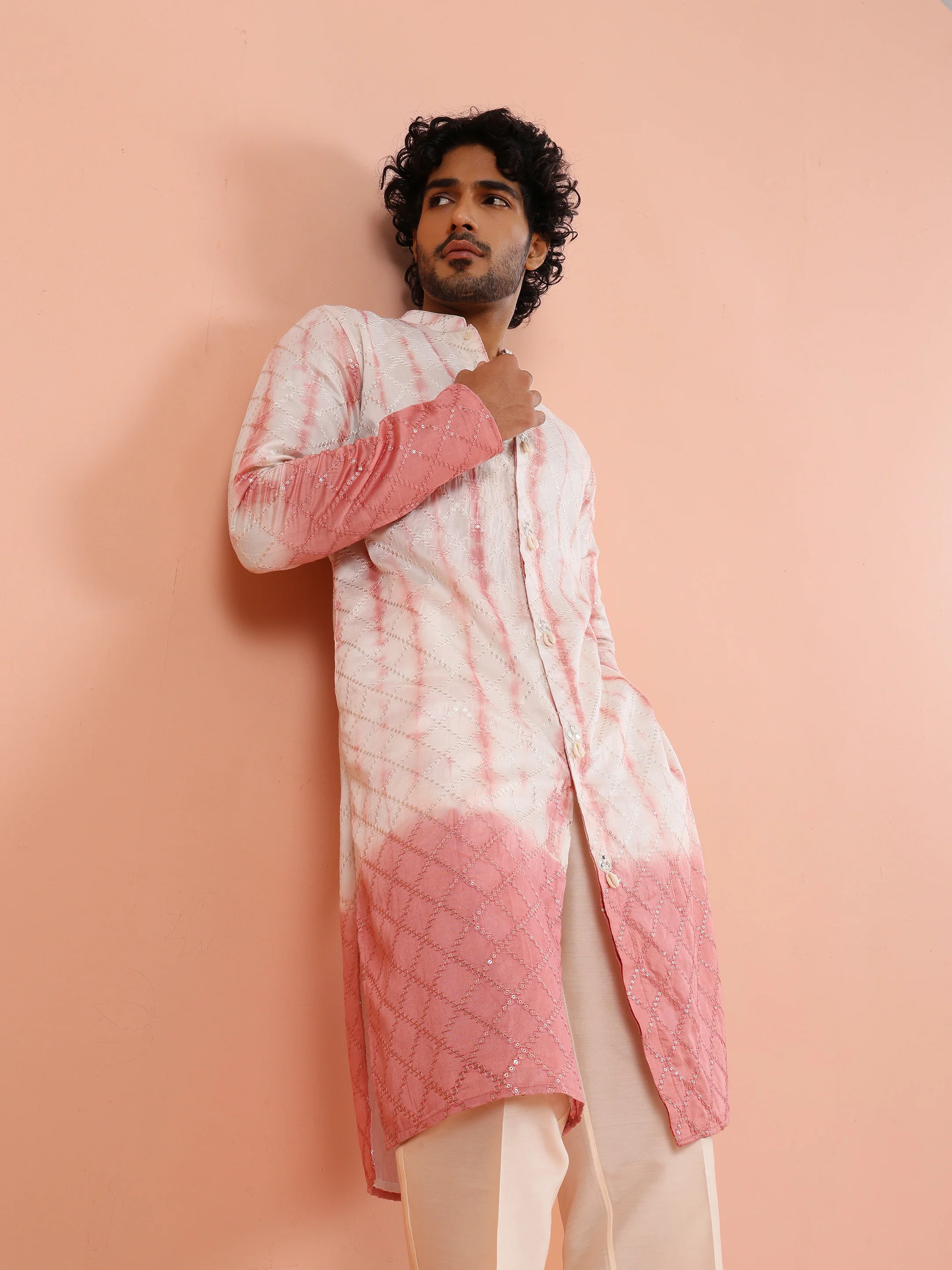 White & Pink Ombre Printed Kurta - Image 8