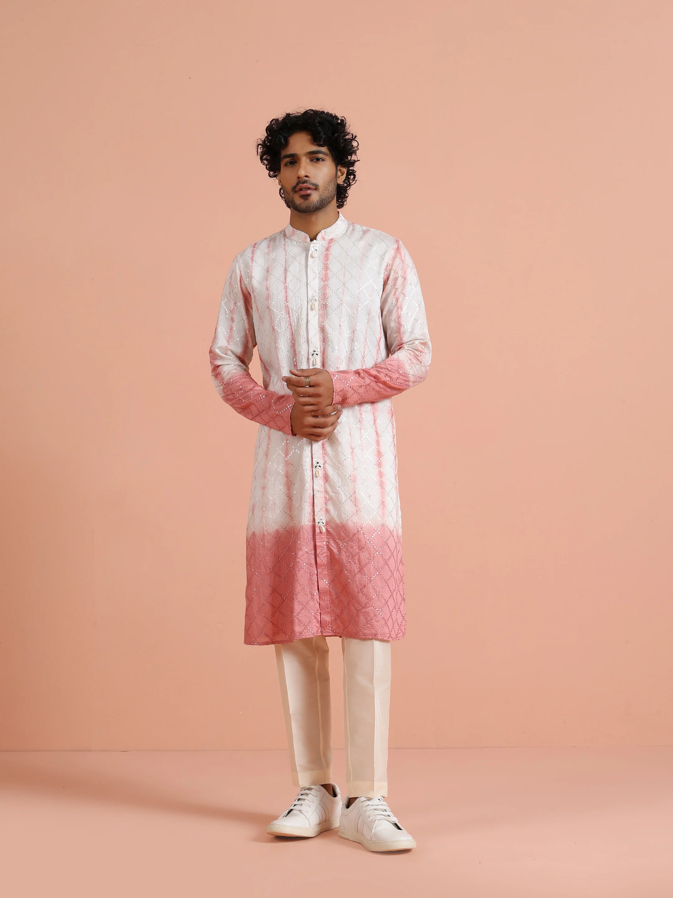 White & Pink Ombre Printed Kurta - Image 9