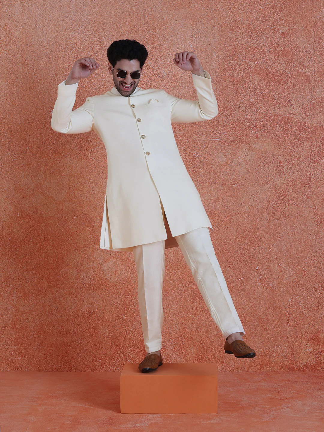 White Polyviscose Solid Sherwani Trouser Set