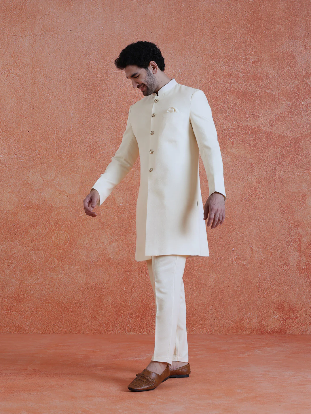 White Polyviscose Solid Sherwani Trouser Set - Image 2