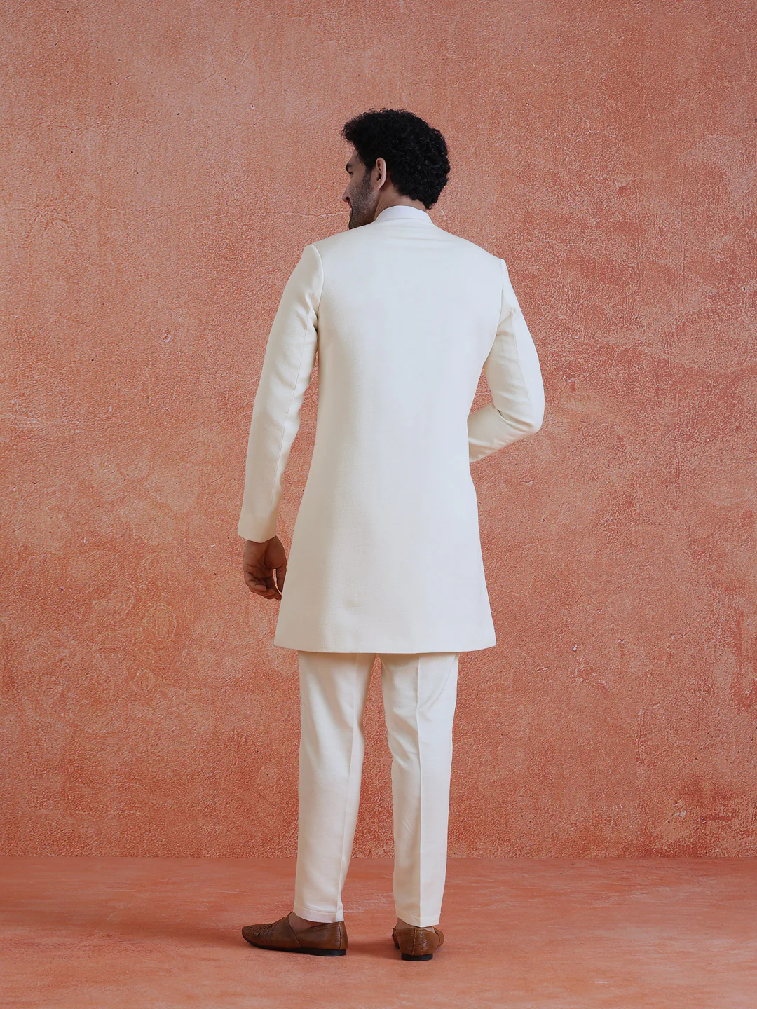 White Polyviscose Solid Sherwani Trouser Set - Image 4
