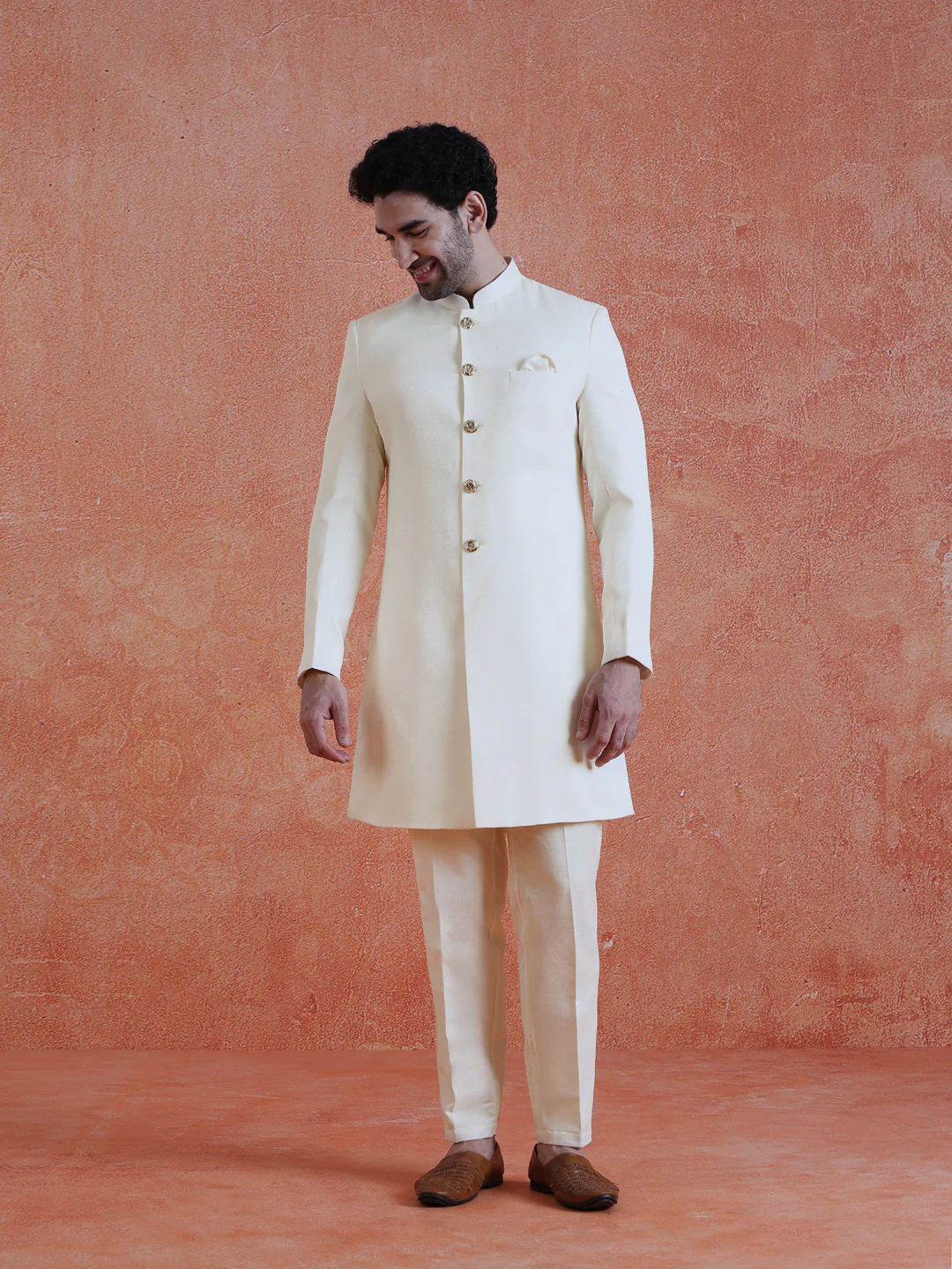 White Polyviscose Solid Sherwani Trouser Set - Image 8