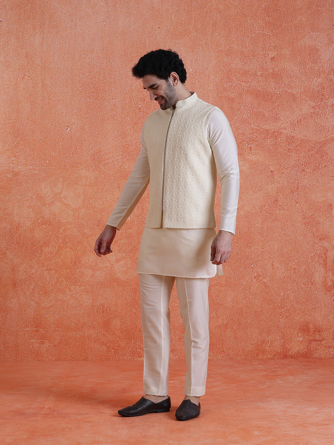 White Silk Blend Jacquard Mid Kurta Jacket With Zip Trouser Set - Image 2