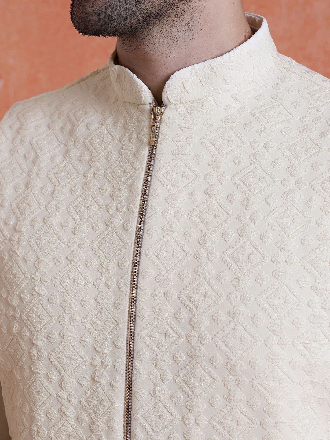 White Silk Blend Jacquard Mid Kurta Jacket With Zip Trouser Set - Image 5