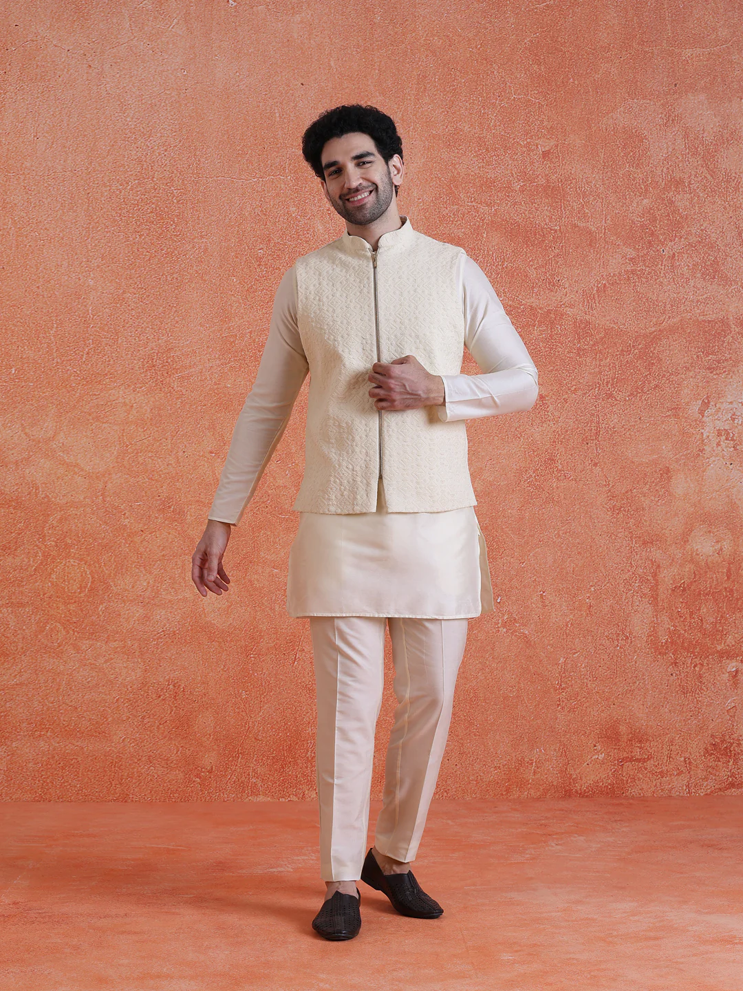 White Silk Blend Jacquard Mid Kurta Jacket With Zip Trouser Set - Image 8