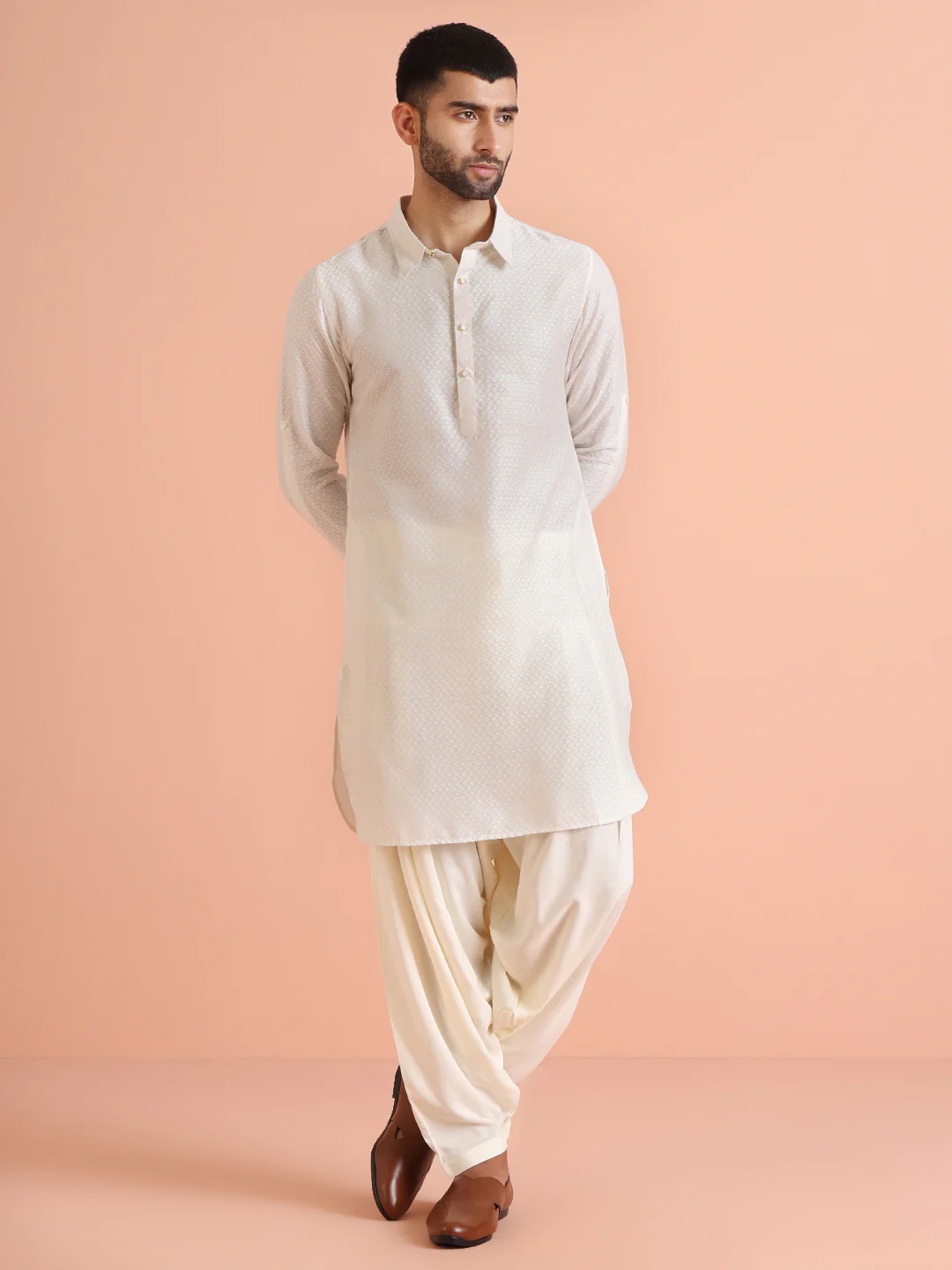 White Silk Blend Jacquard Pathani Kurta Patiyala Set - Image 7