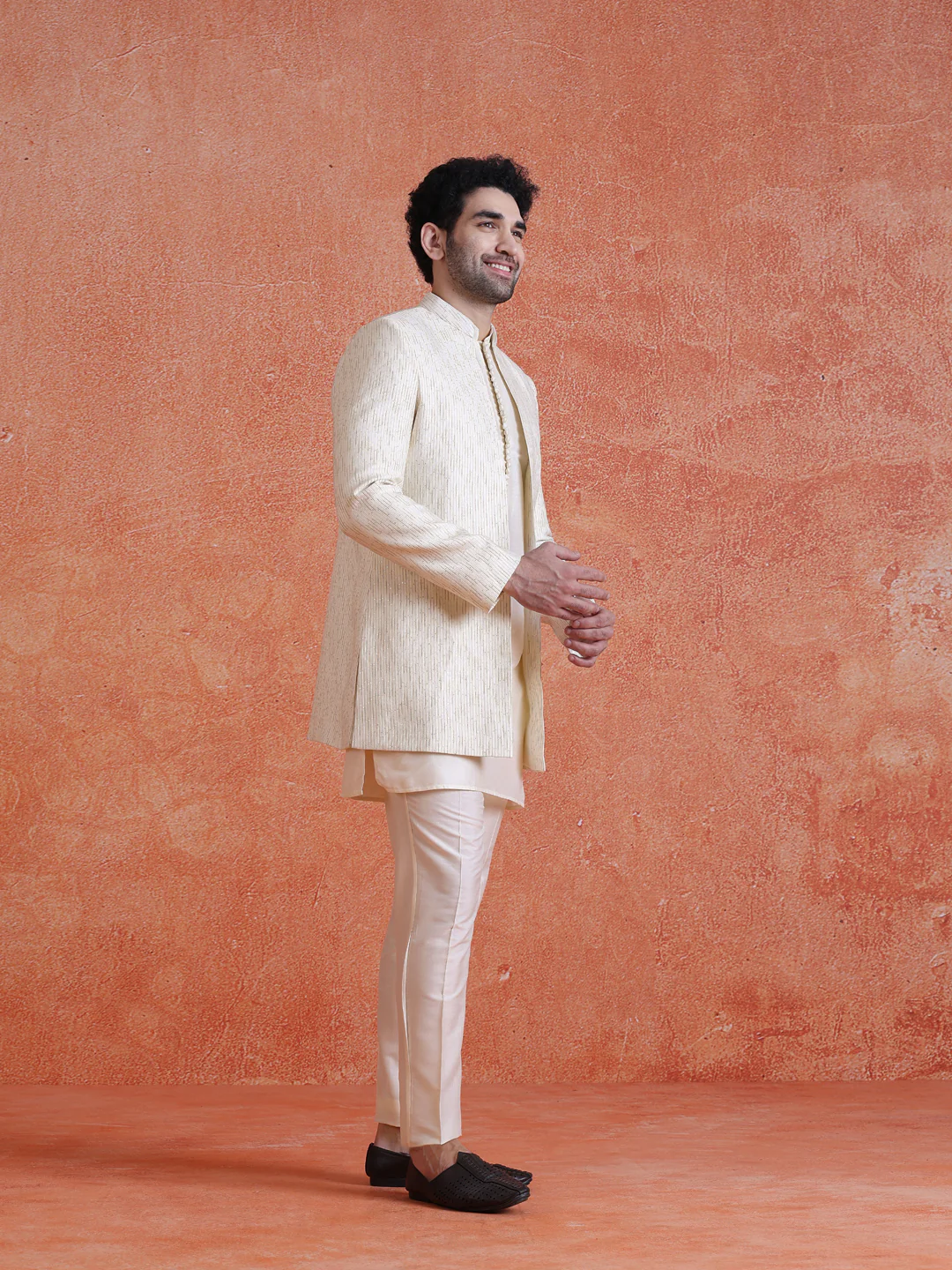 White Silk Blend Jacquard Short Sherwani Trouser Set - Image 3