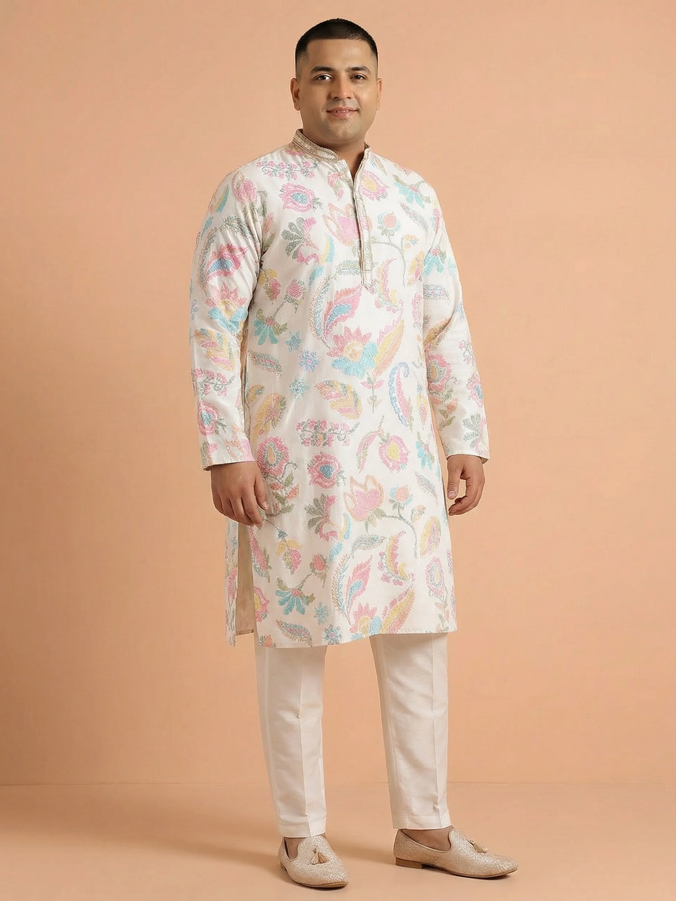 White Silk Blend Kurta with Multicolor Floral Prints and Mandarin Collar