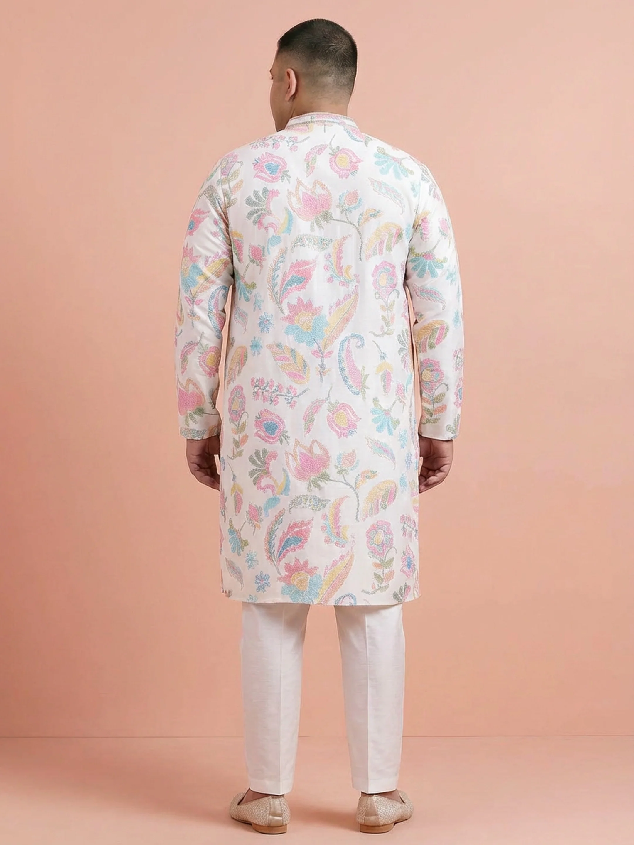 White Silk Blend Kurta with Multicolor Floral Prints and Mandarin Collar - Image 2