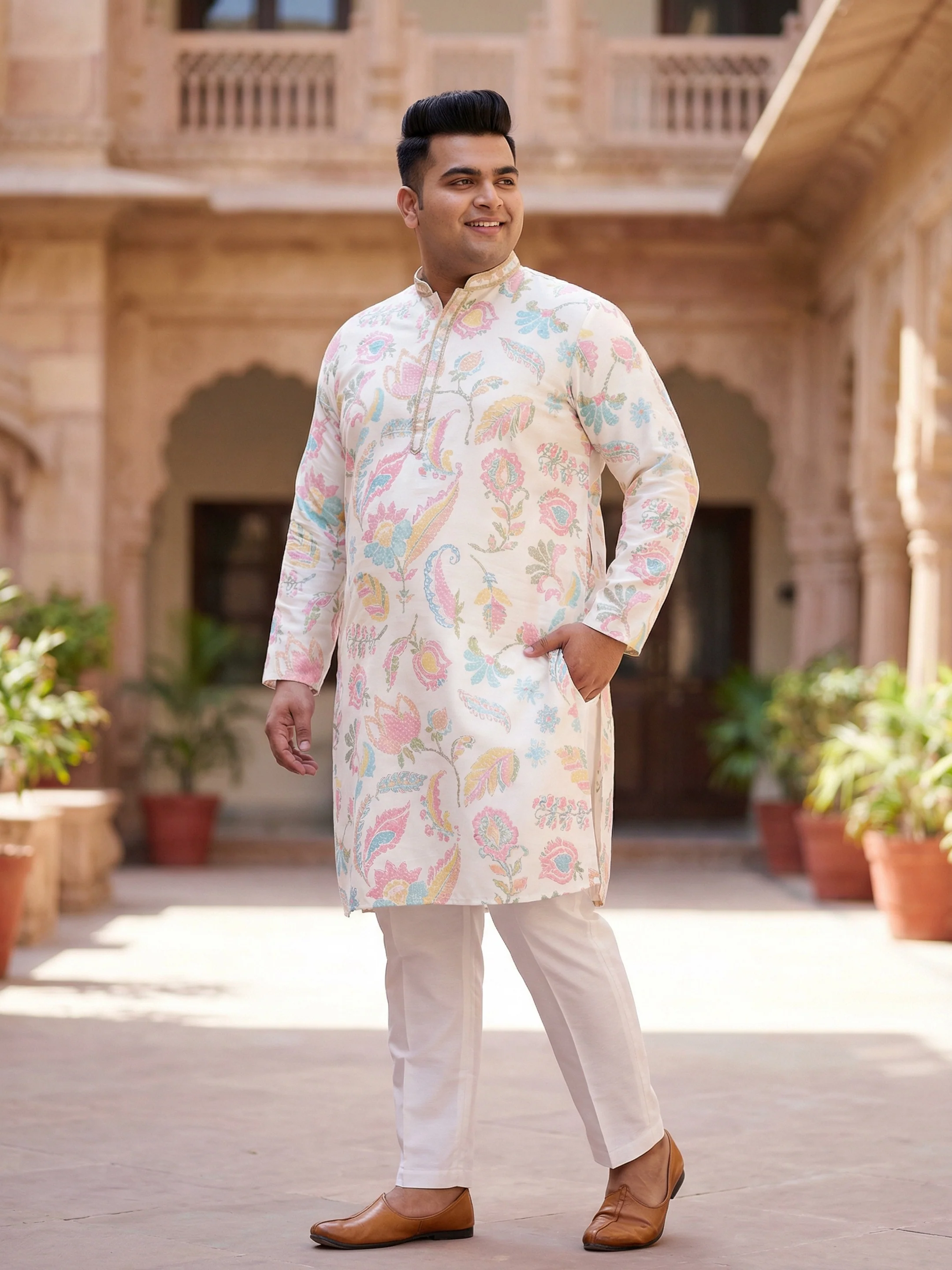 White Silk Blend Kurta with Multicolor Floral Prints and Mandarin Collar - Image 5