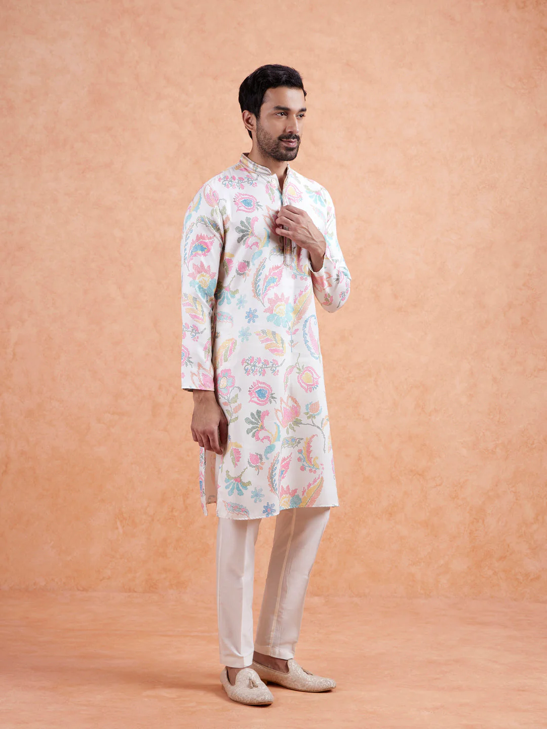 White Silk Blend Multi-Color Printed Kurta Set - Image 4