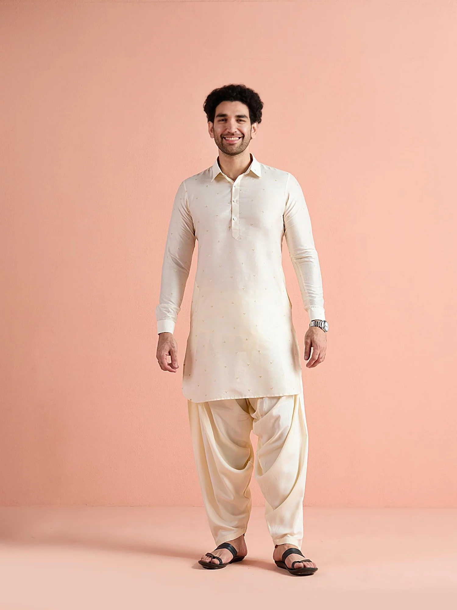 White Viscose Embellished Pathani Kurta Patiyala Set - Image 2