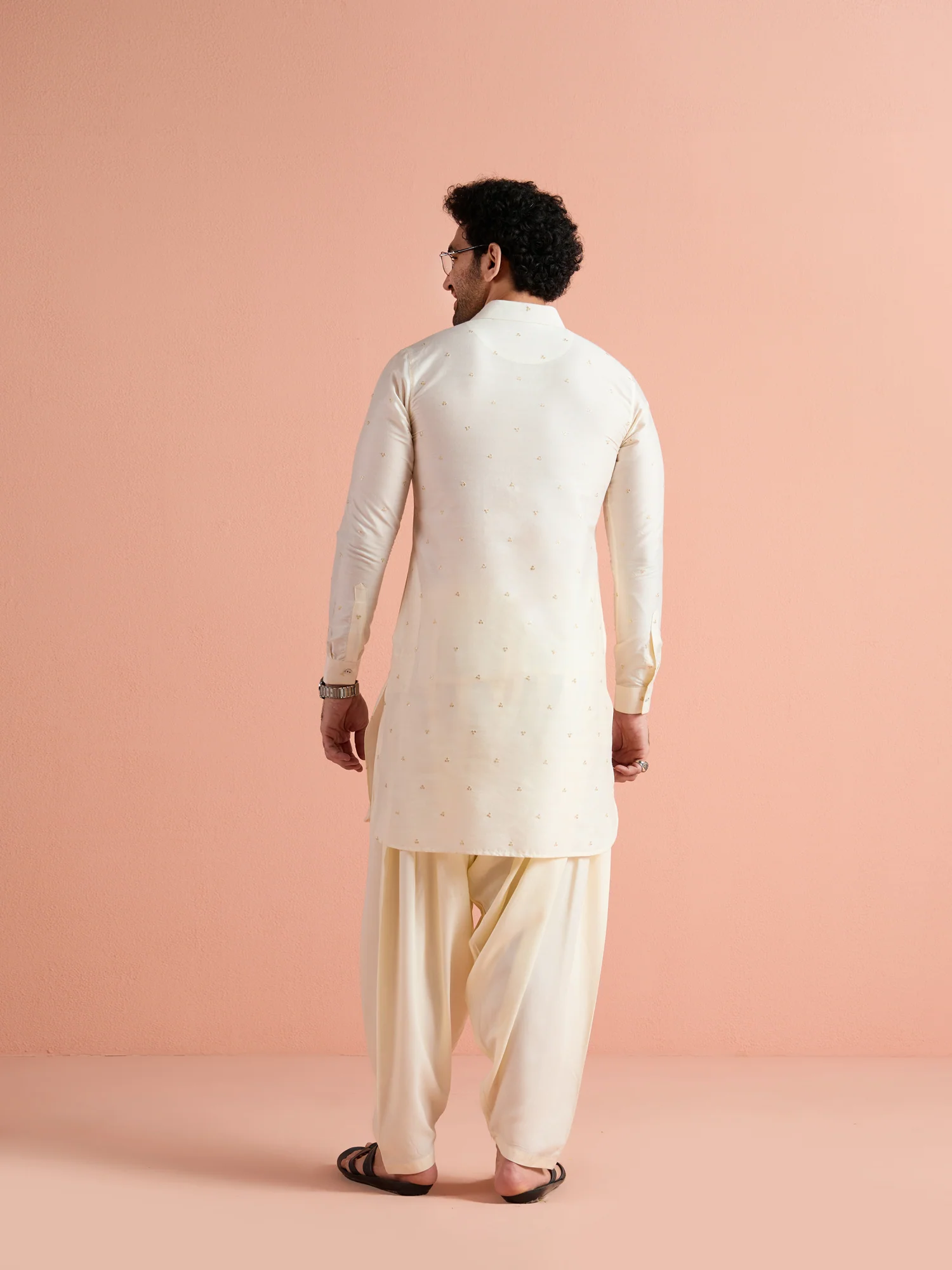 White Viscose Embellished Pathani Kurta Patiyala Set - Image 5