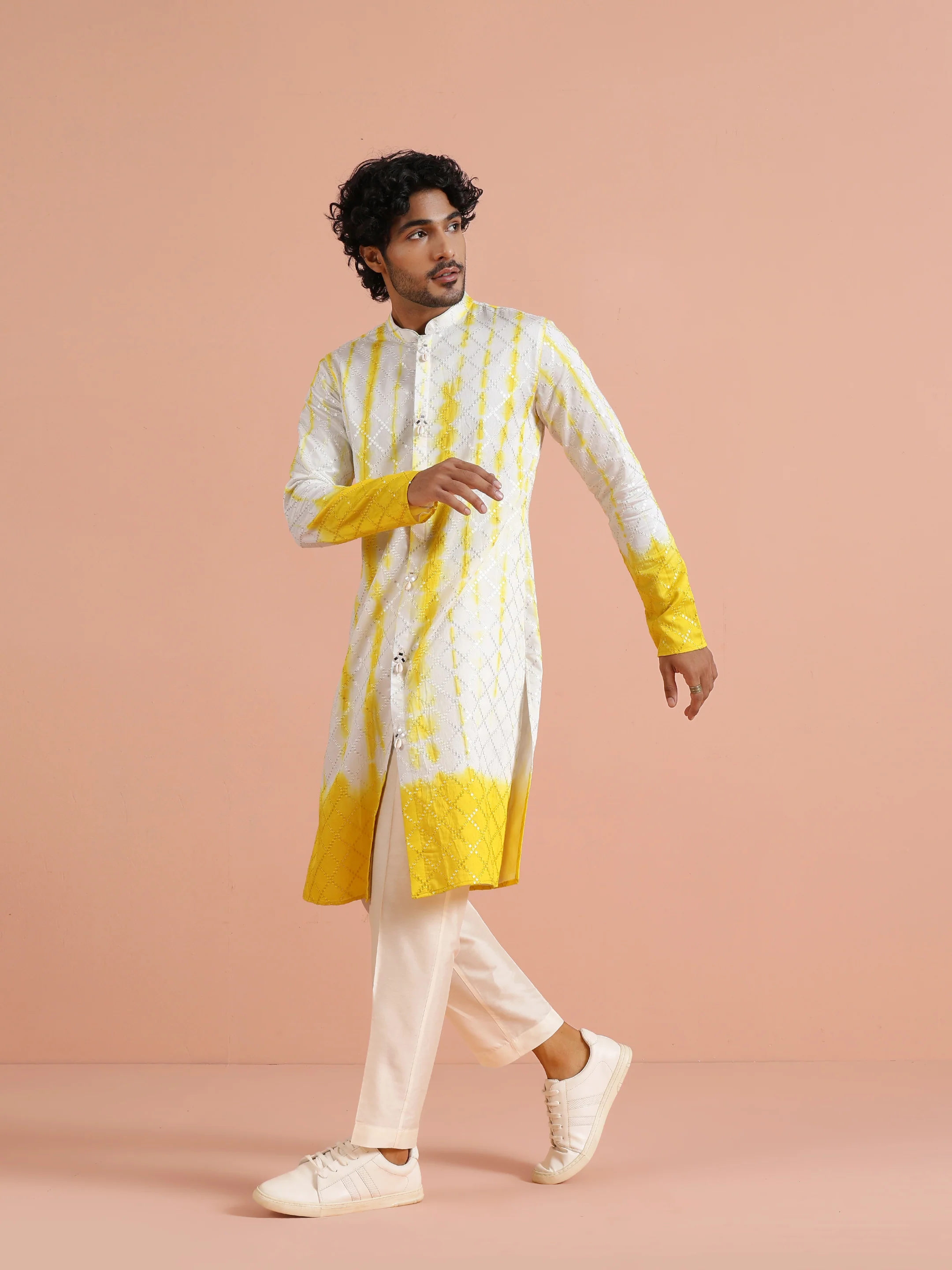 White Yellow Chanderi Ombre Kurta Trouser Set - Image 2