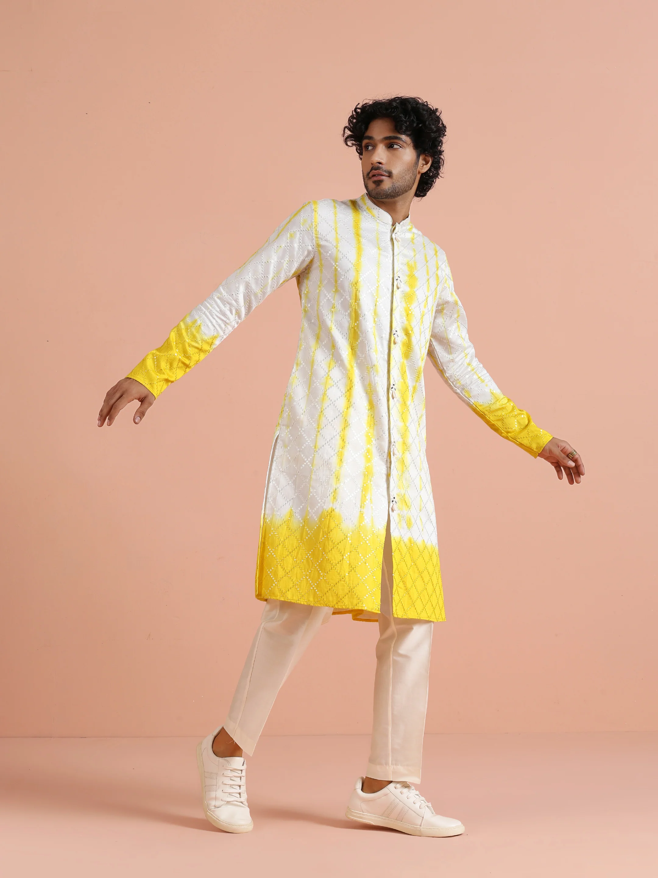 White & Yellow Ombre Printed Kurta - Image 3