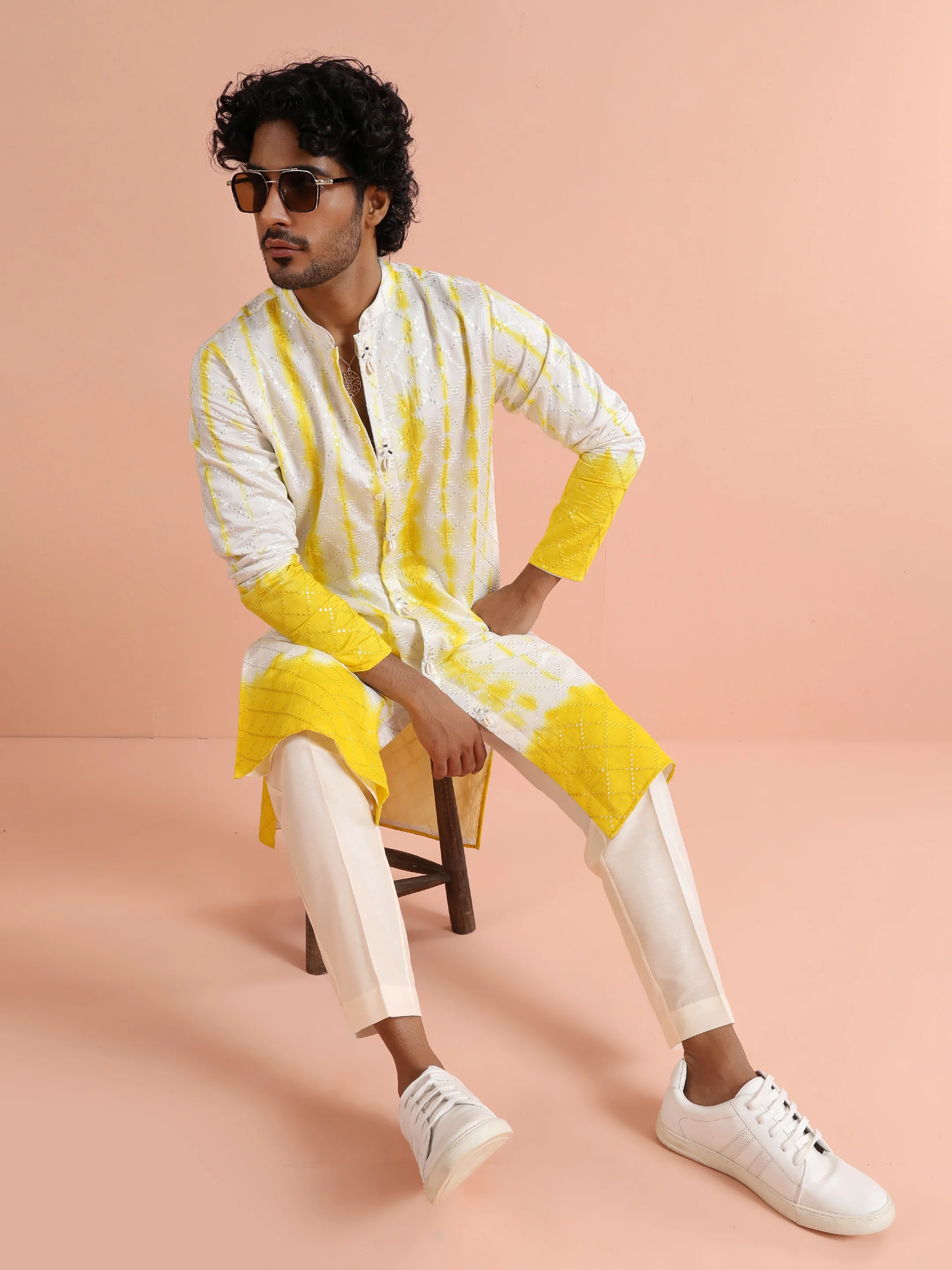 White & Yellow Ombre Printed Kurta - Image 6
