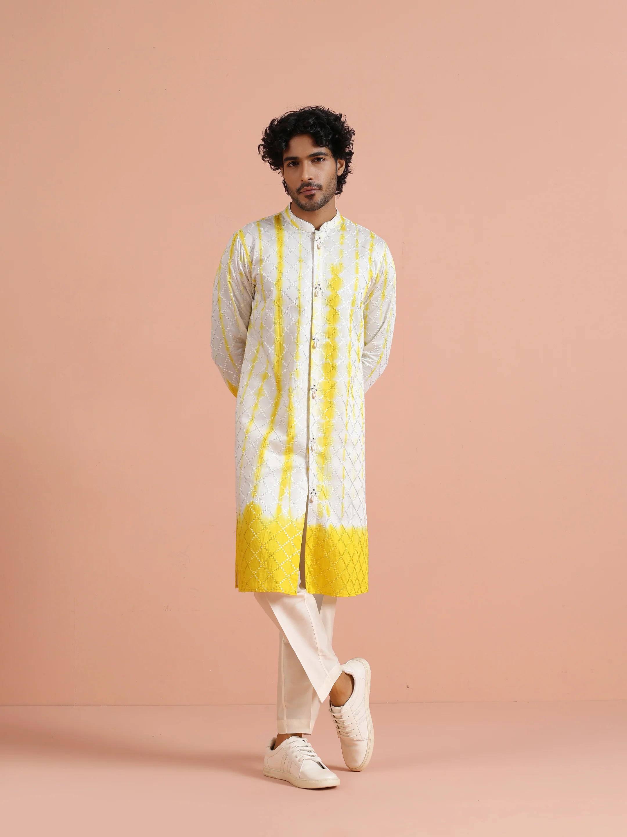 White & Yellow Ombre Printed Kurta - Image 7