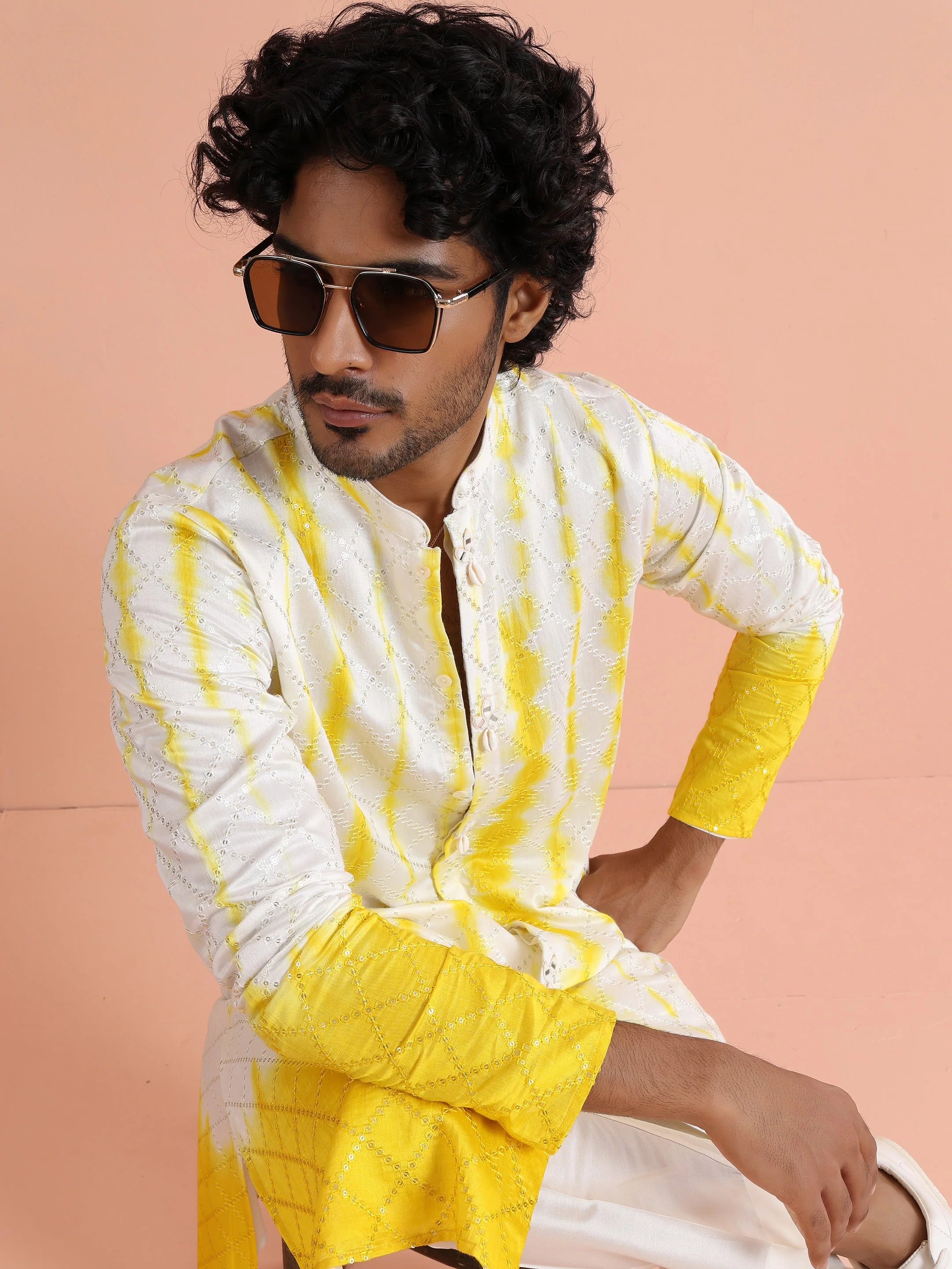 White & Yellow Ombre Printed Kurta - Image 8