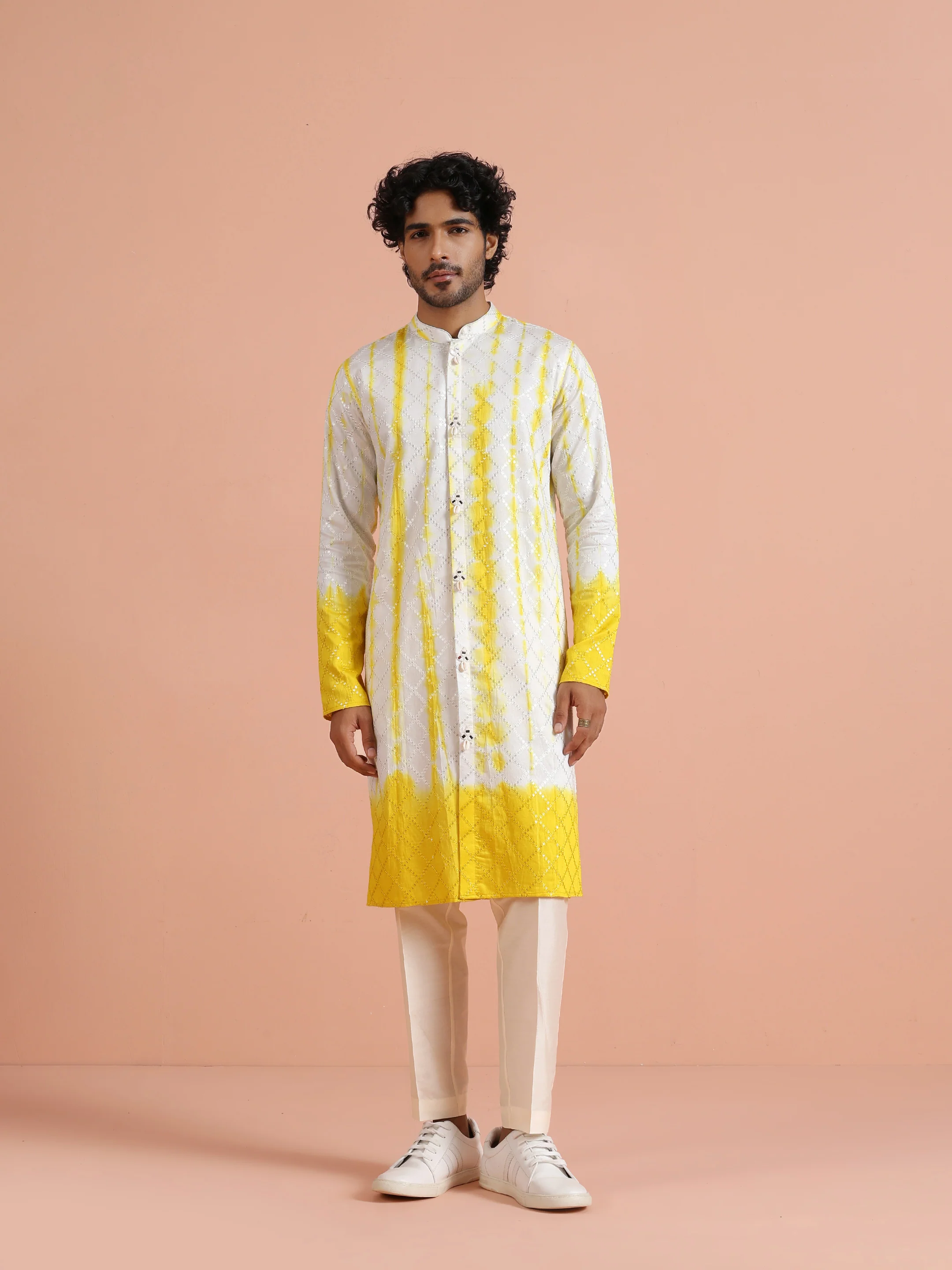 White & Yellow Ombre Printed Kurta - Image 9
