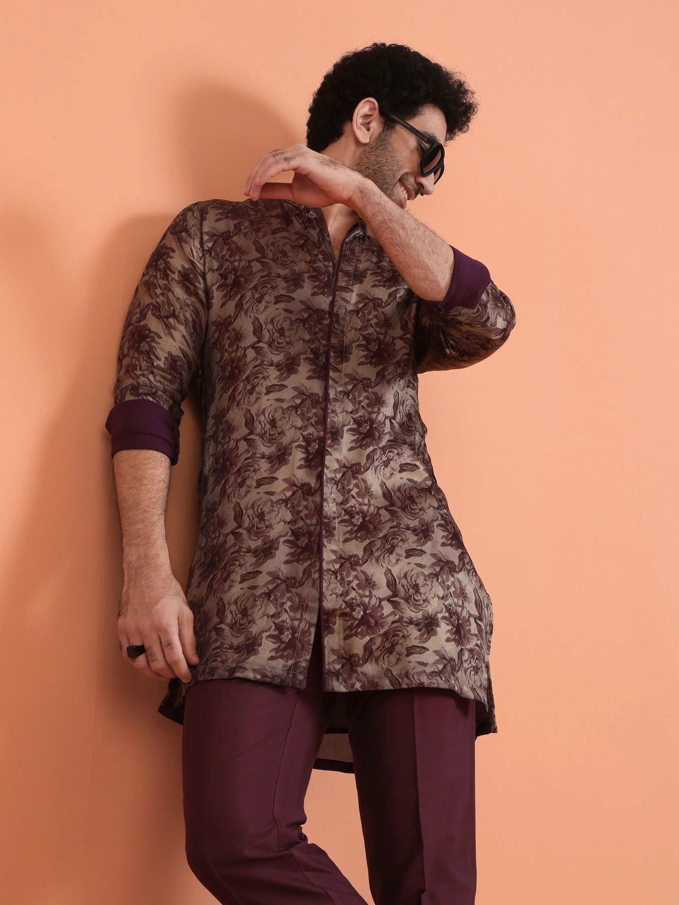 Wine Art Silk Floral Front Open Mid Kurta