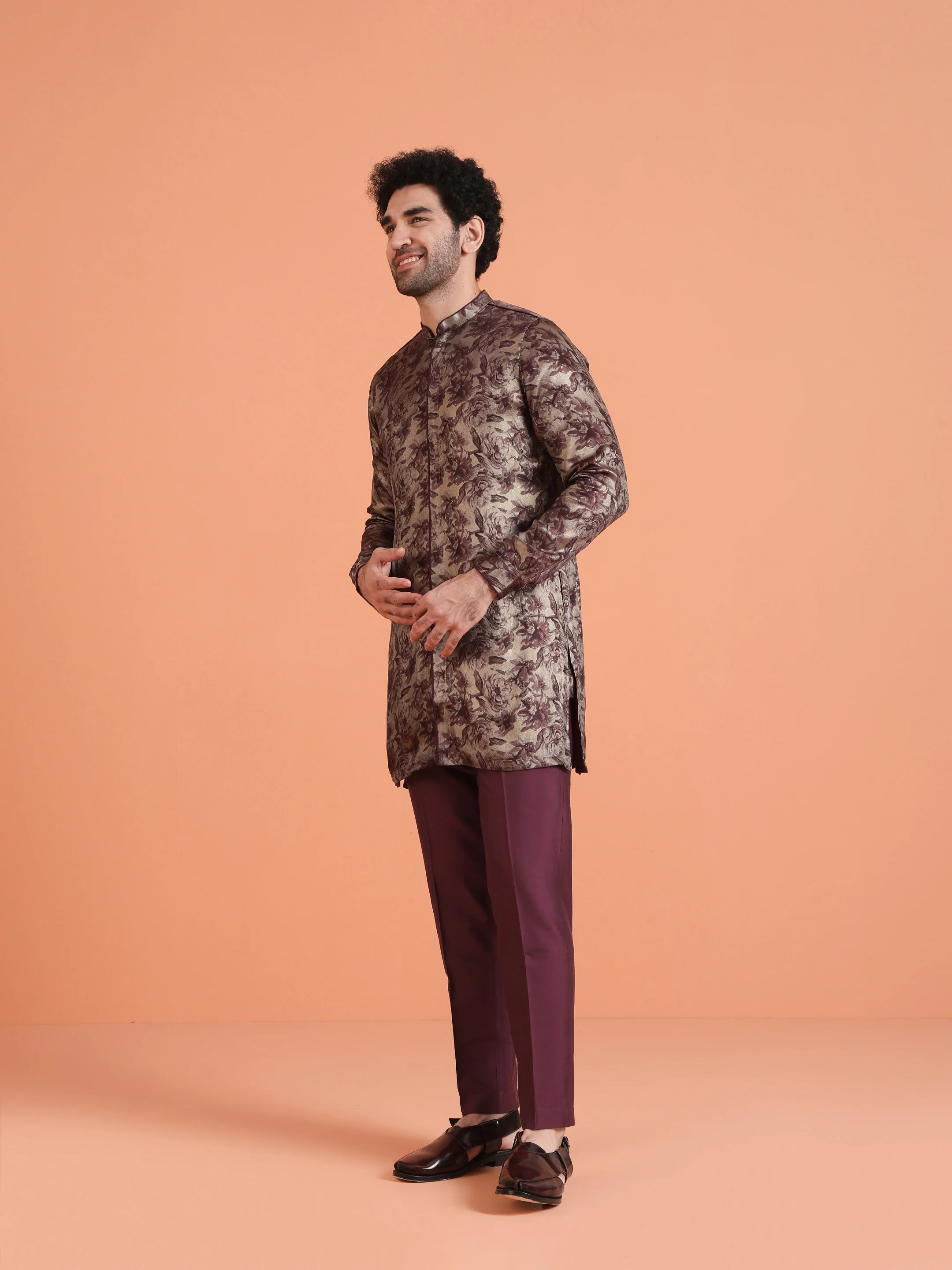 Wine Art Silk Floral Front Open Mid Kurta - Image 2