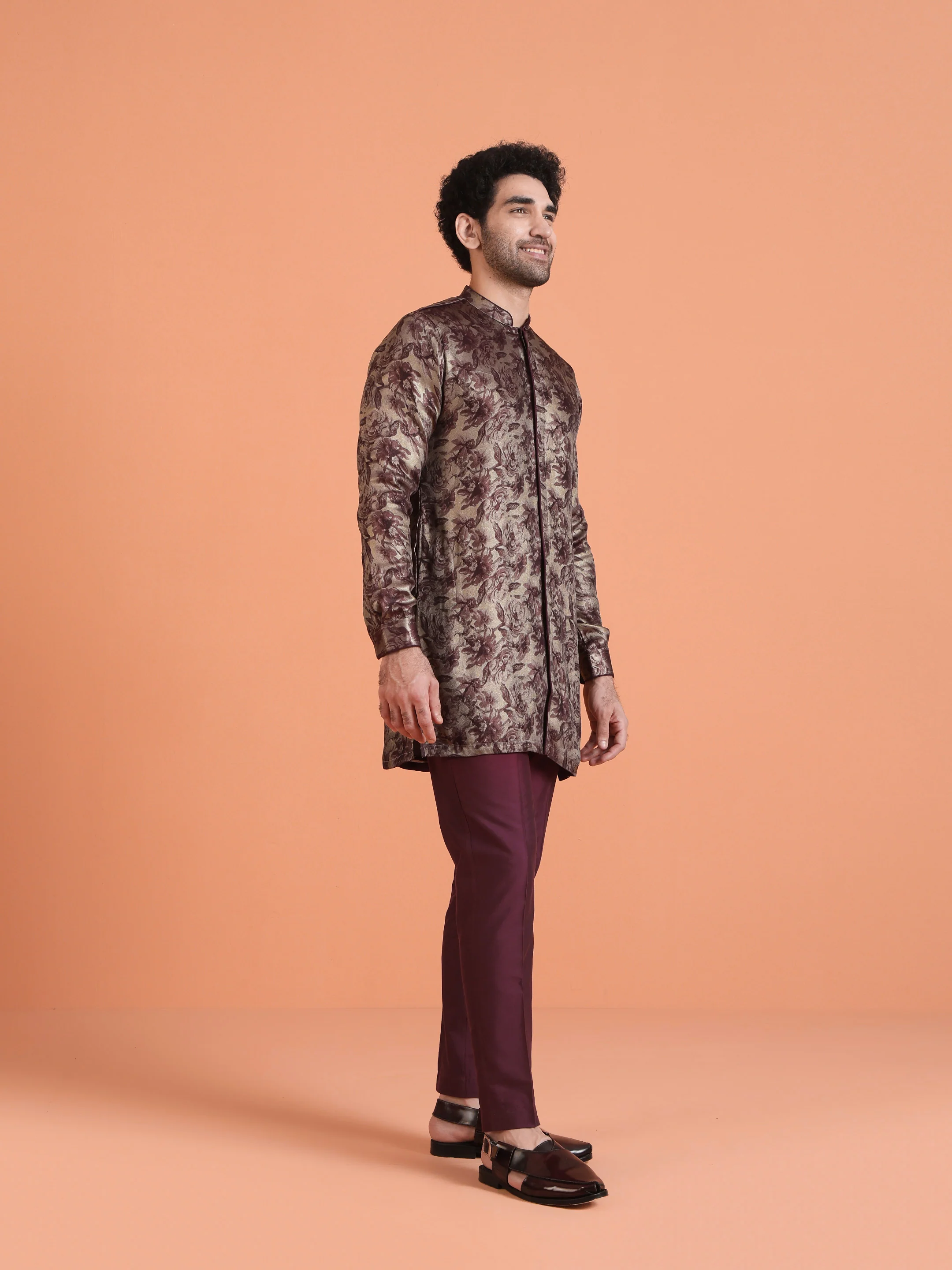 Wine Art Silk Floral Front Open Mid Kurta - Image 3