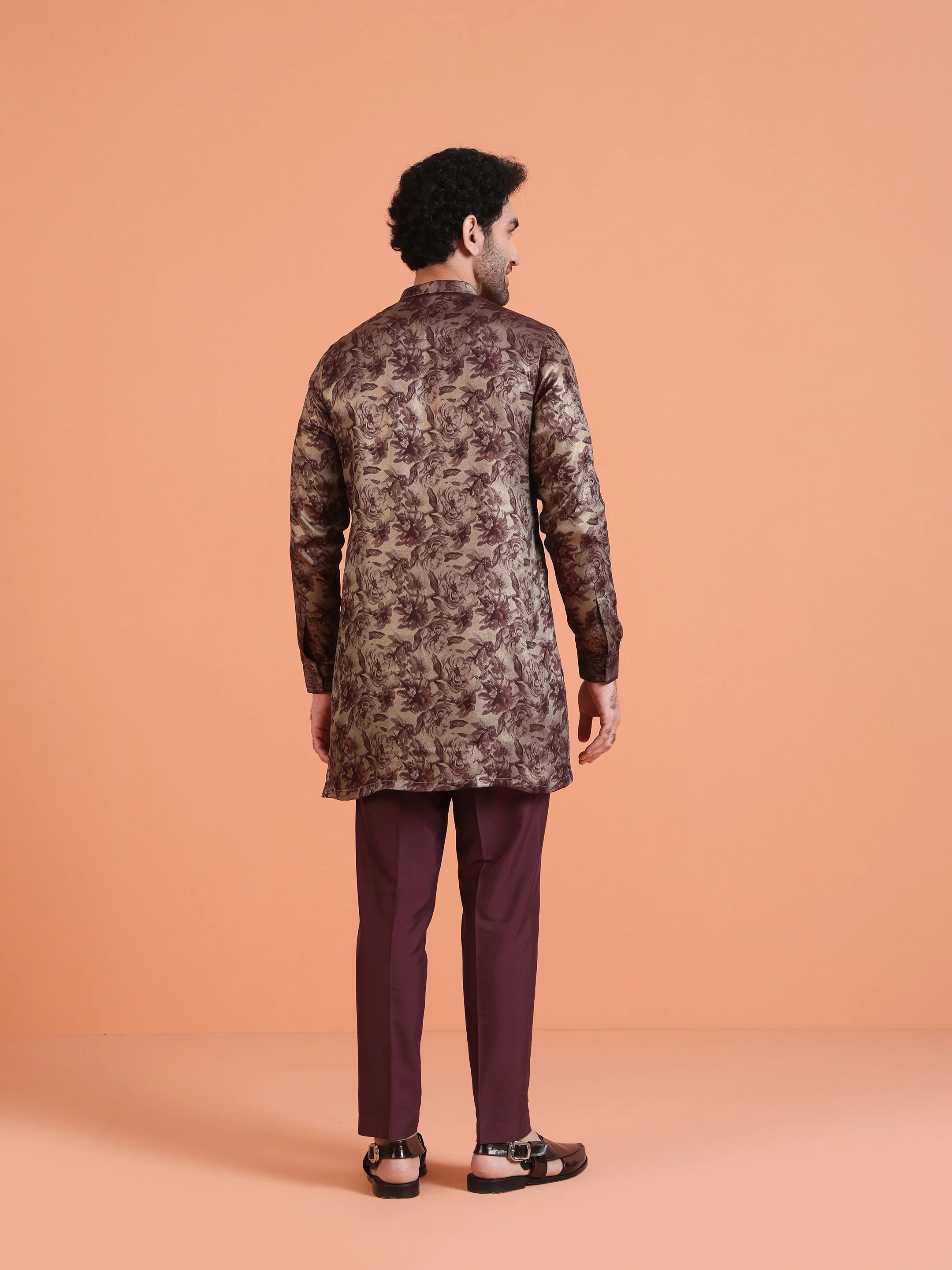 Wine Art Silk Floral Front Open Mid Kurta - Image 4