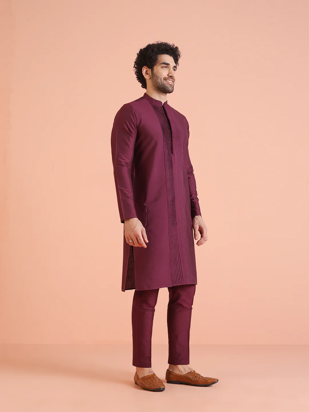 Wine Cotton Blend Pleated Kurta - Image 3