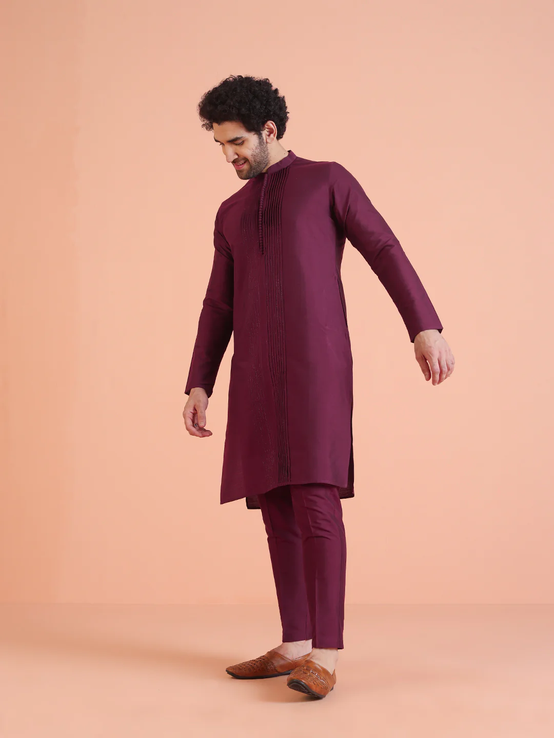 Wine Cotton Blend Pleated Kurta - Image 4
