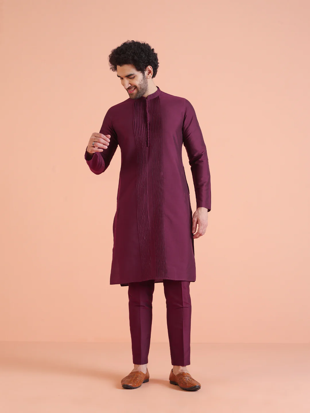 Wine Cotton Blend Pleated Kurta - Image 7