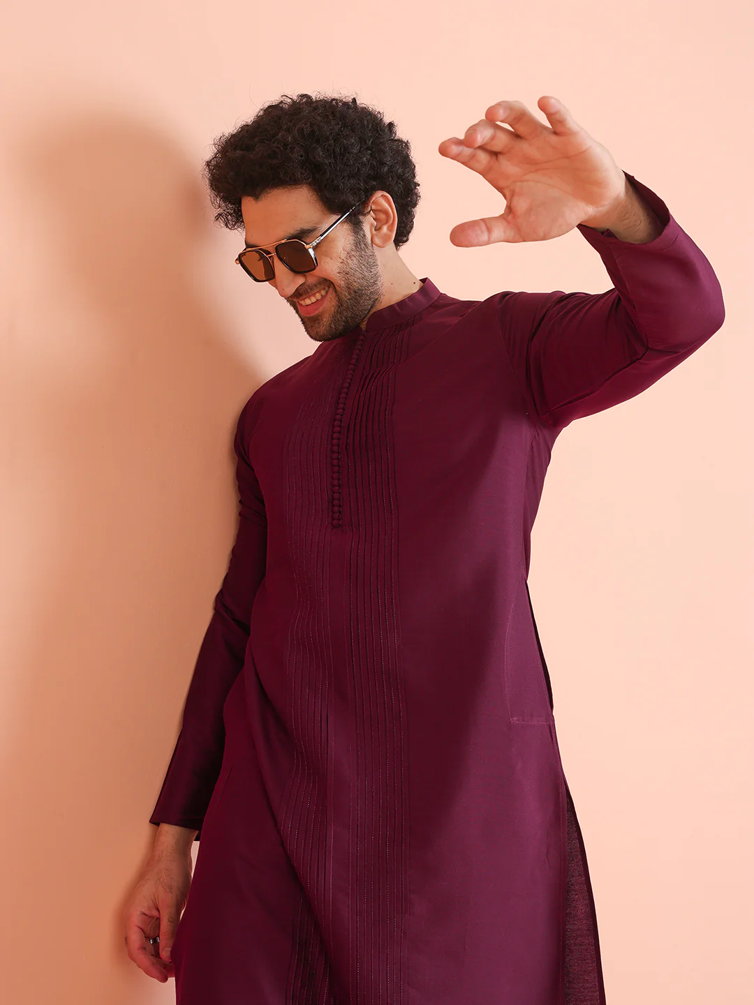 Wine Cotton Blend Pleated Kurta Trouser Set - Image 7