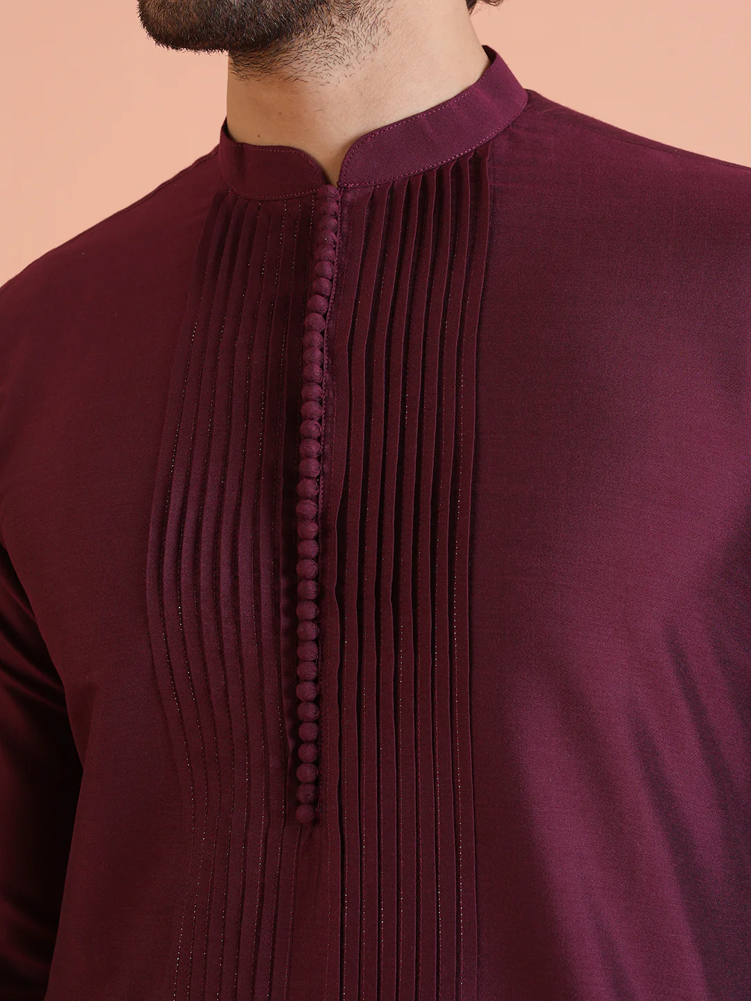 Wine Cotton Blend Pleated Long Kurta - Image 5
