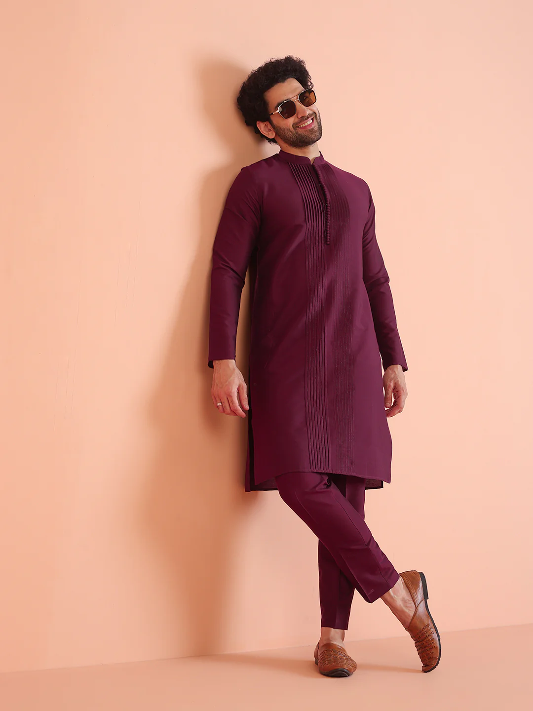 Wine Cotton Blend Pleated Long Kurta - Image 7