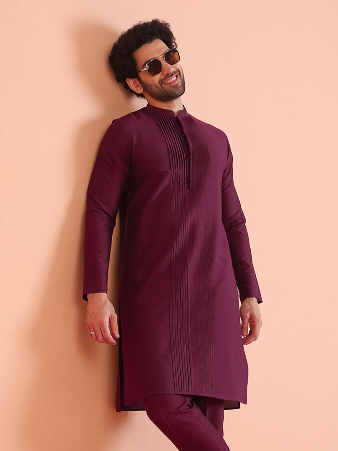 Wine Cotton Blend Pleated Long Kurta - Image 8