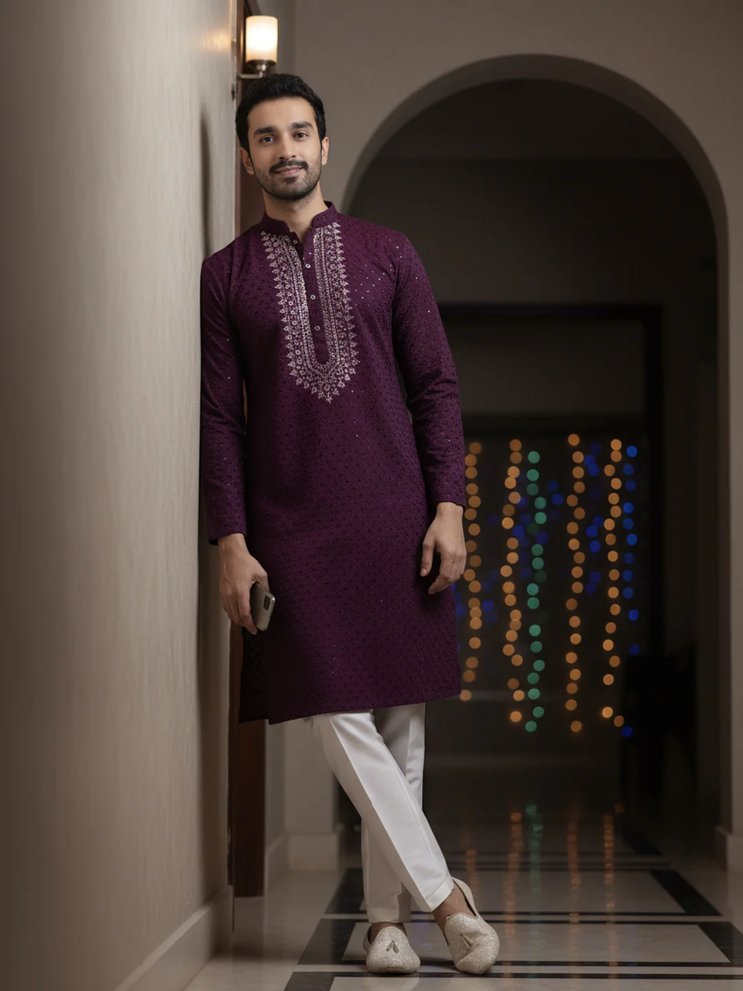 Maroon Sequin Embroidered Kurta Trouser Set