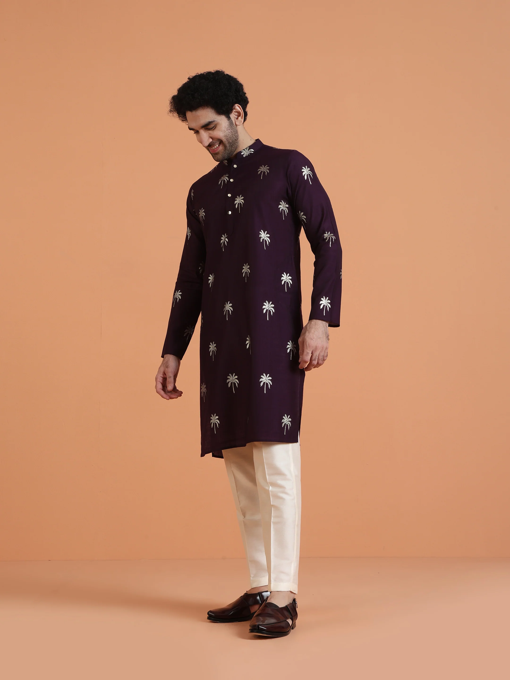 Maroon Cotton Silk Printed Kurta - Image 3