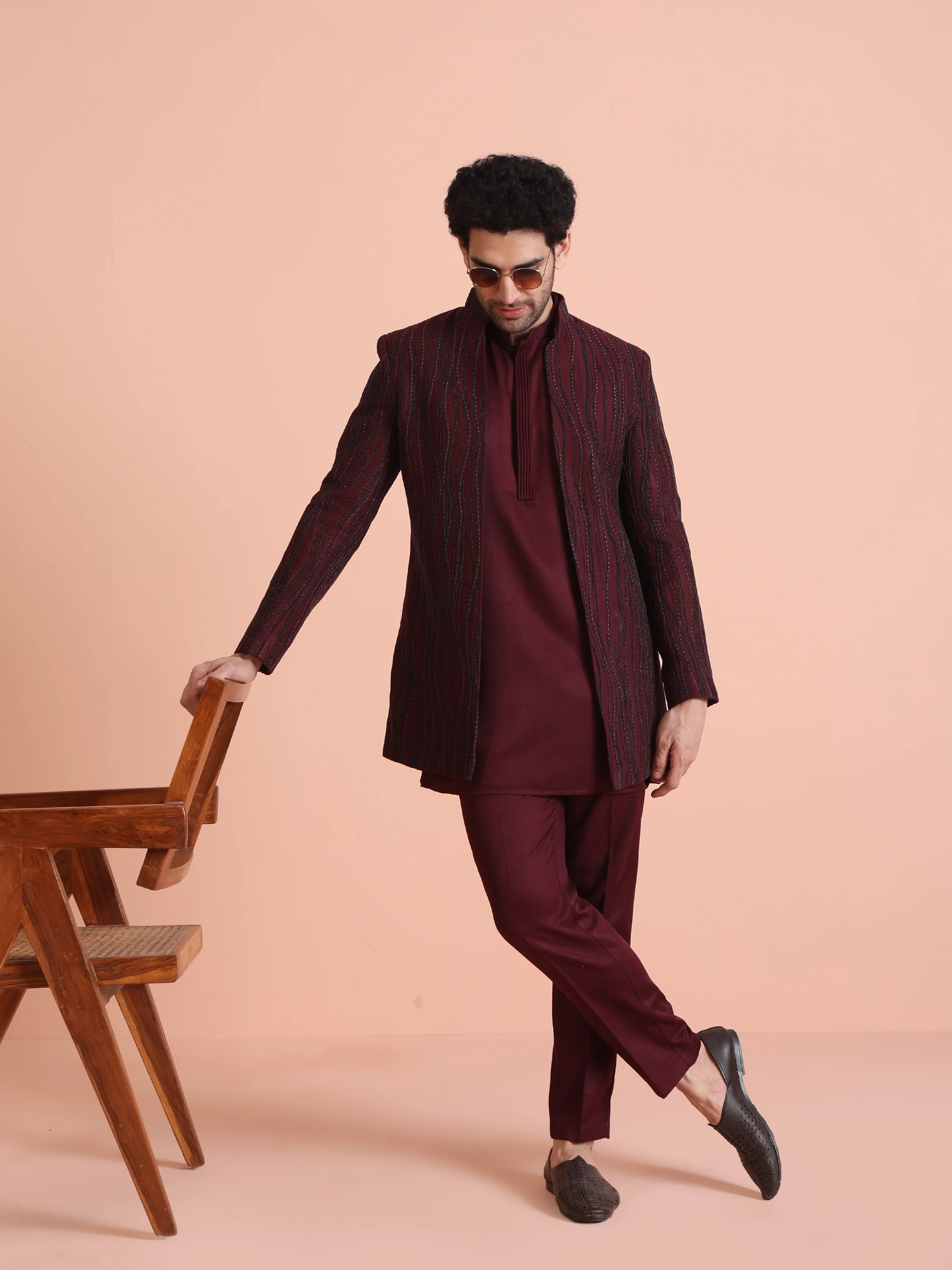 Wine Embellished Double Layer Sherwani Set