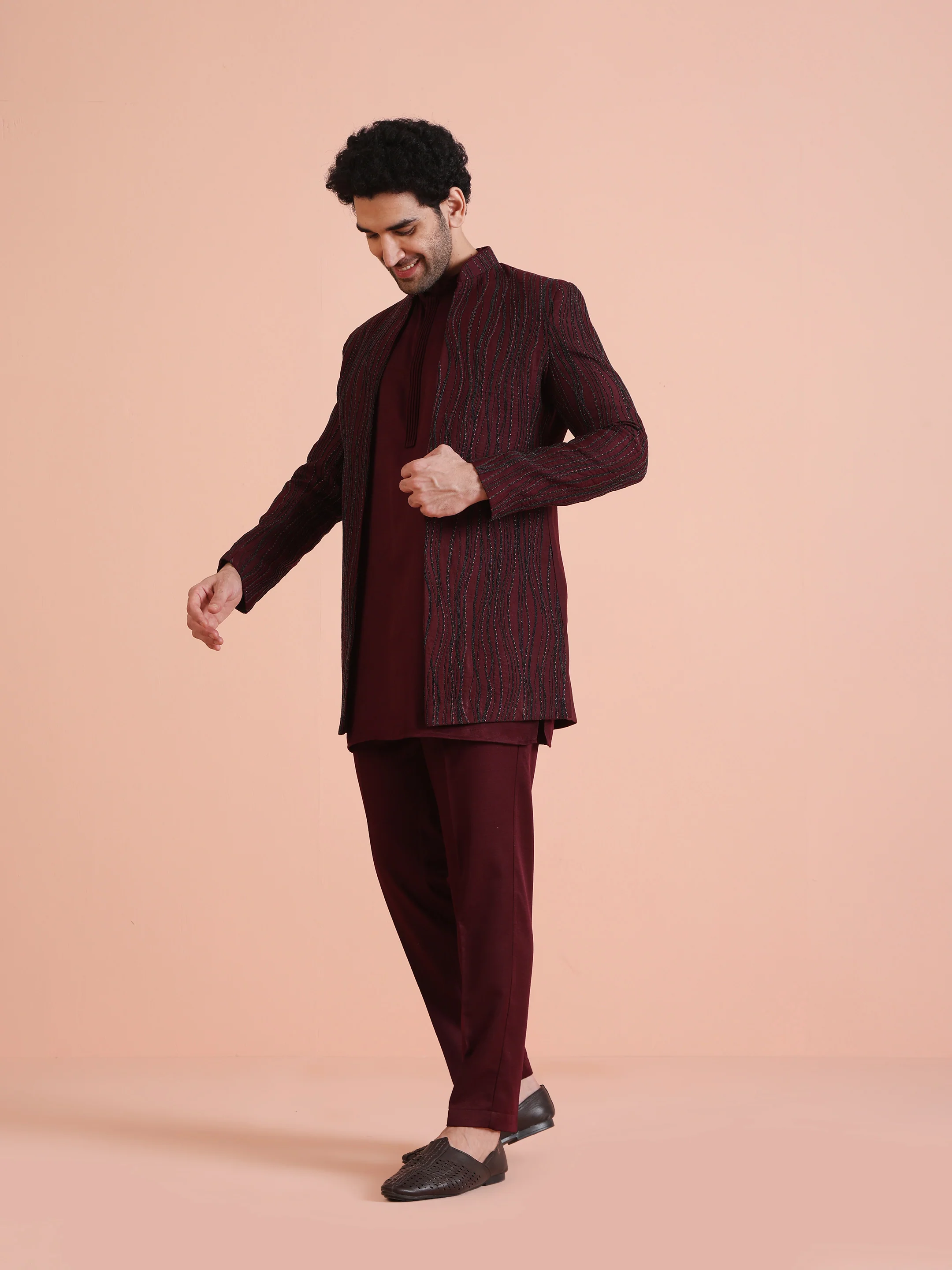 Wine Embellished Double Layer Sherwani Set - Image 2