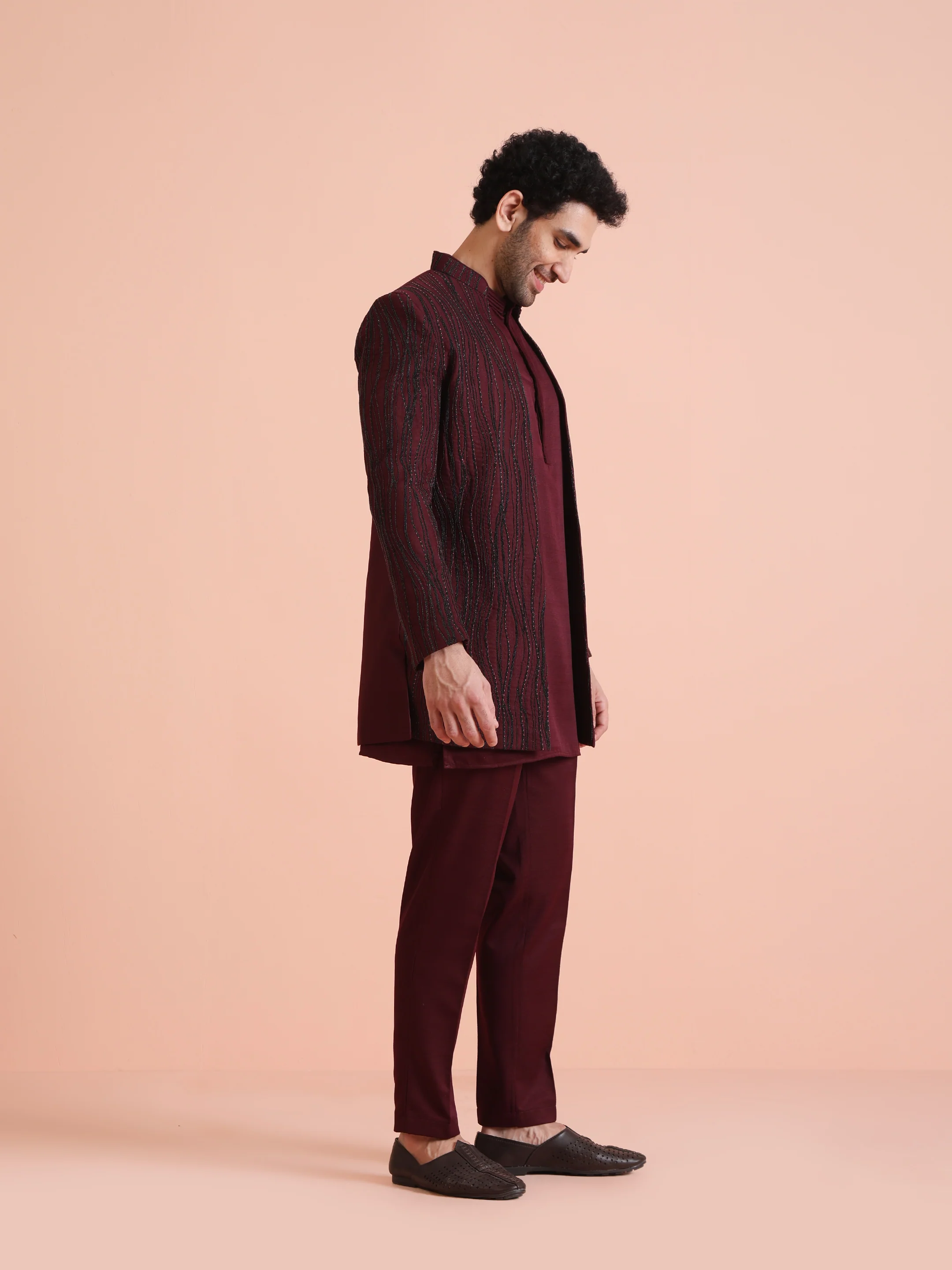 Wine Embellished Double Layer Sherwani Set - Image 3
