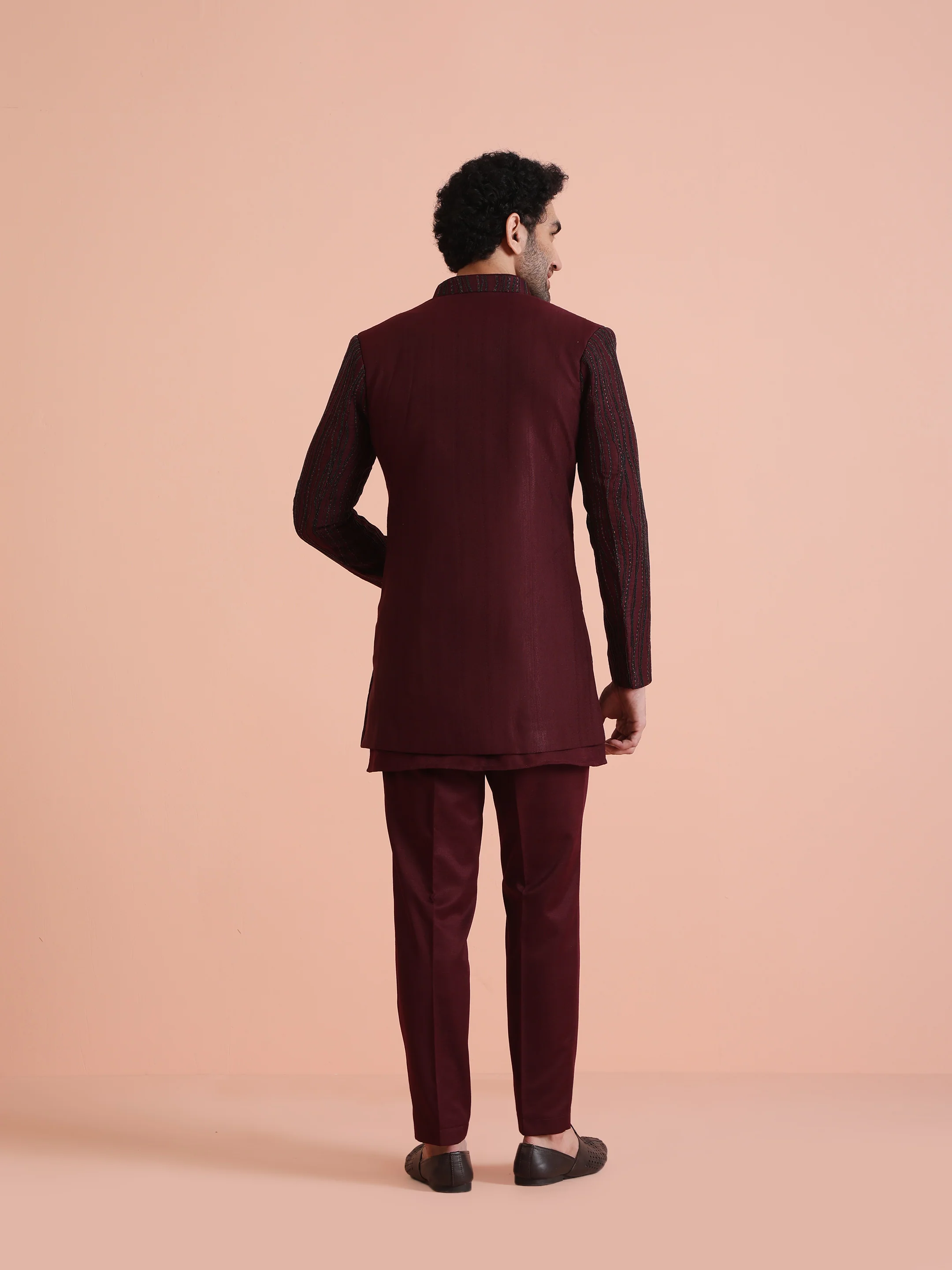Wine Embellished Double Layer Sherwani Set - Image 4