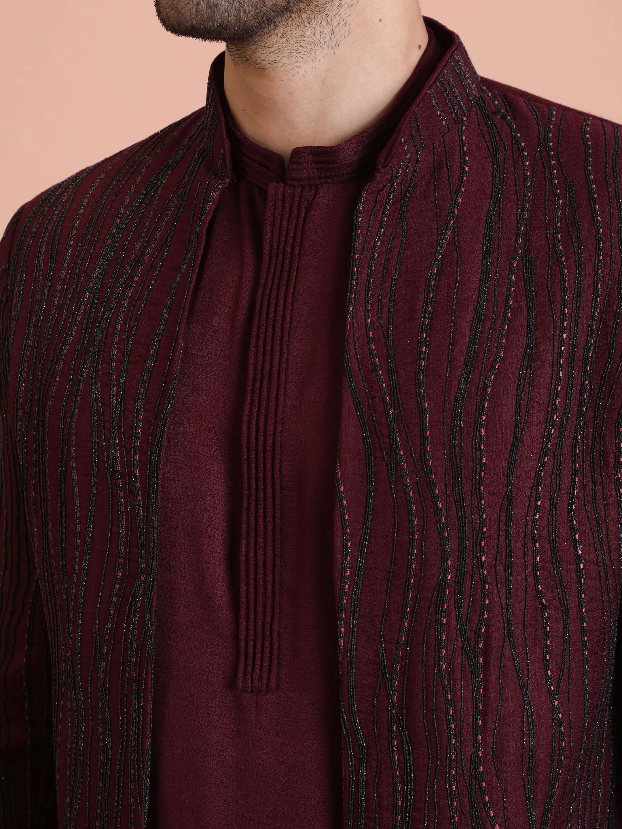 Wine Embellished Double Layer Sherwani Set - Image 5